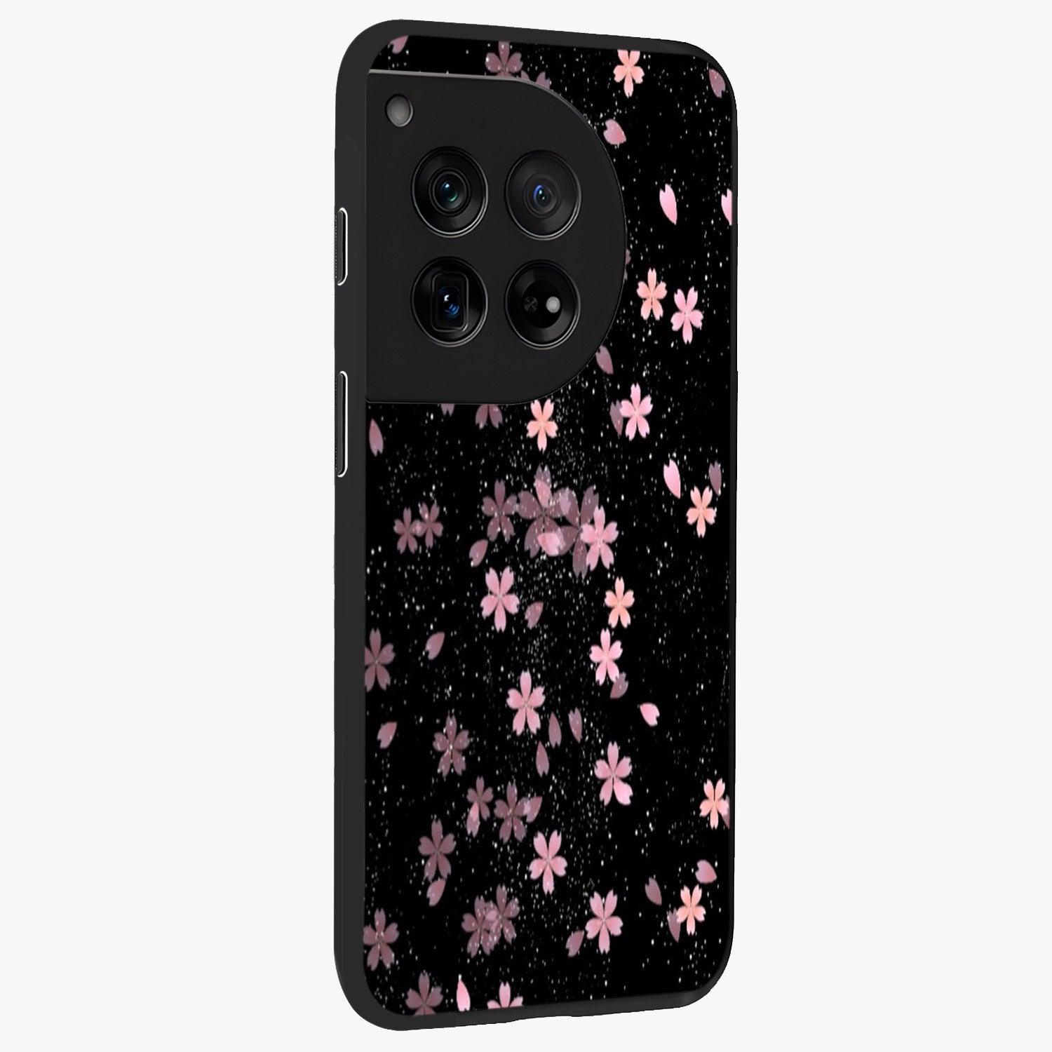 Pink Flower Black Background Glass Case for 1+12 side perspective highlighting vivid bloom textures and sleek build
