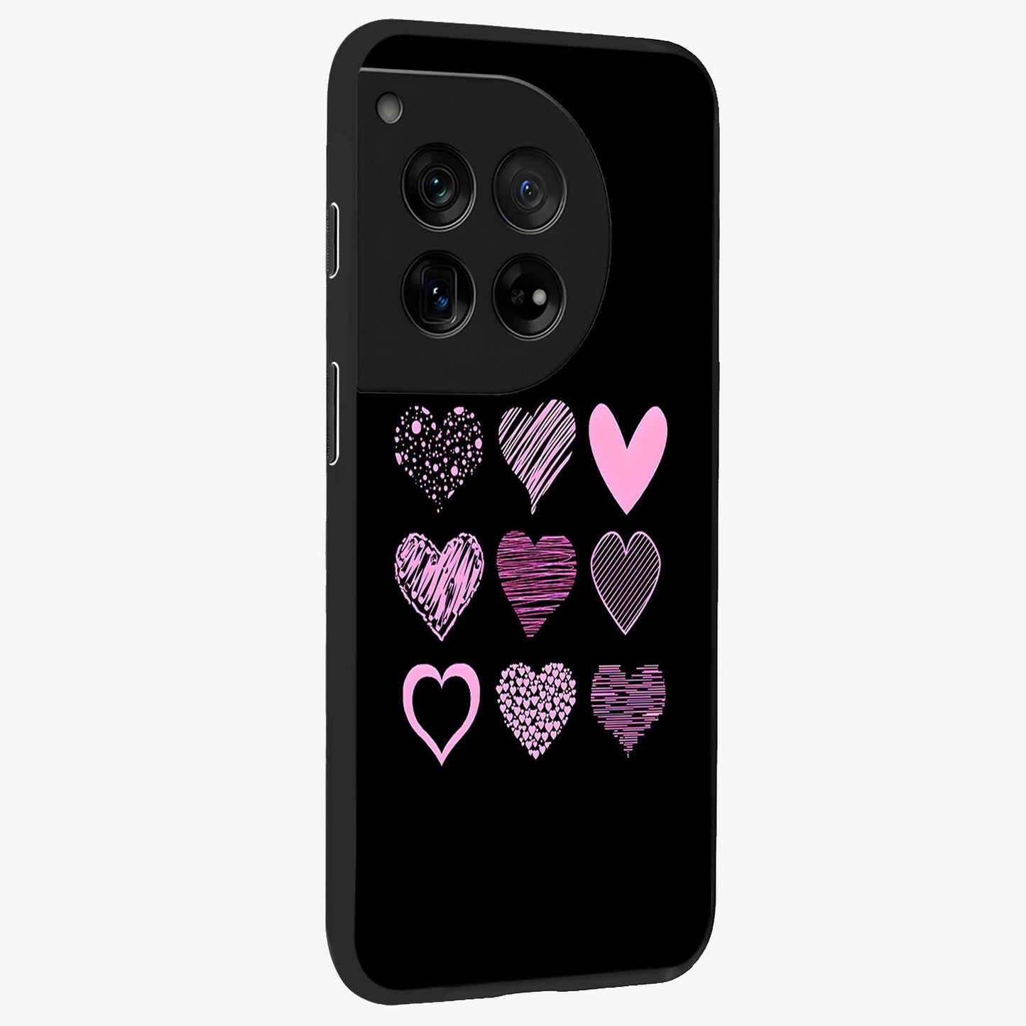 Pink Heart Aesthetic Glass Case for 1+12 side perspective highlighting smooth textures and premium edge finish