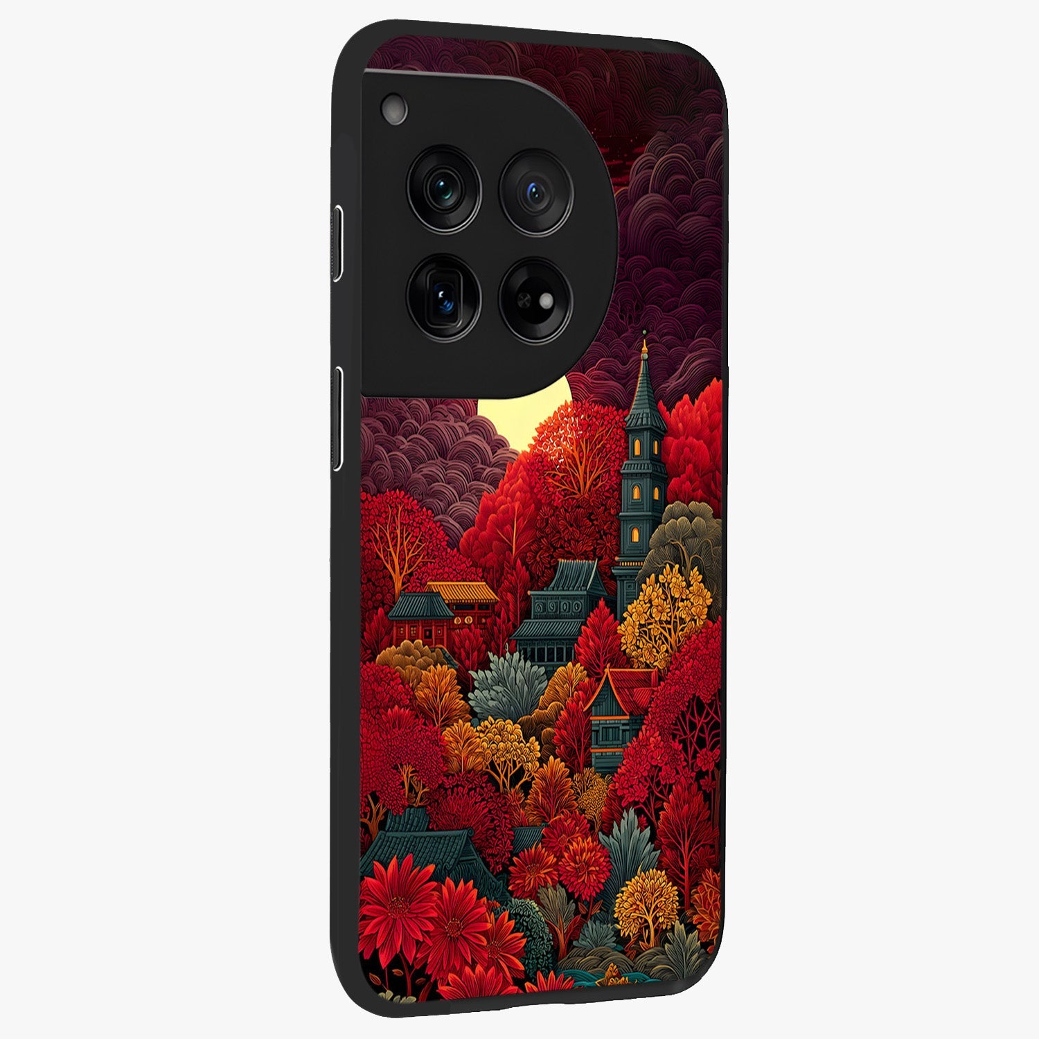 Red Scenery Hot Glass Case for 1+12 side perspective highlighting vivid gradient textures and smooth build