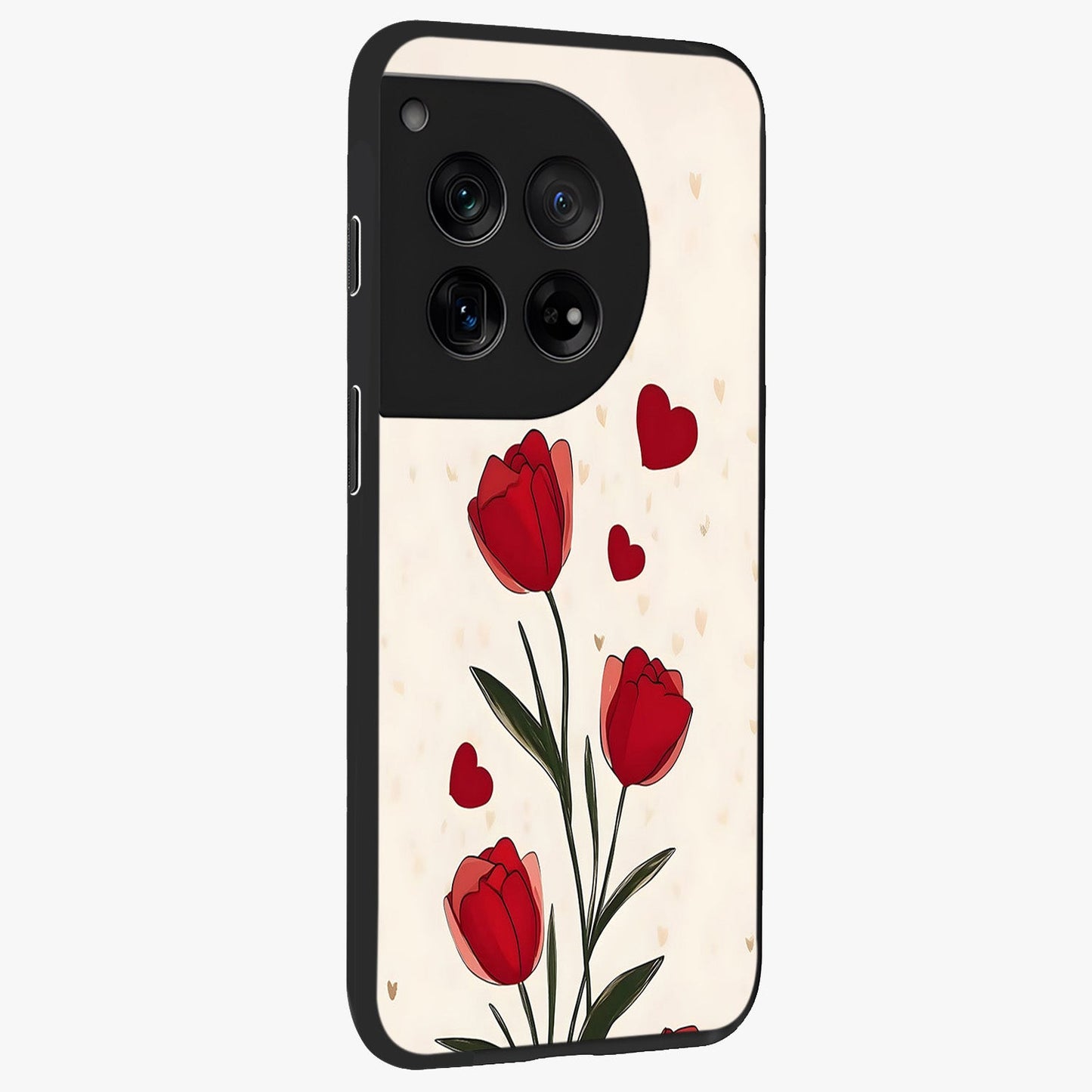 Romantic Tulip Hearts Glass Case for 1+12 side perspective highlighting delicate bloom textures and premium edges