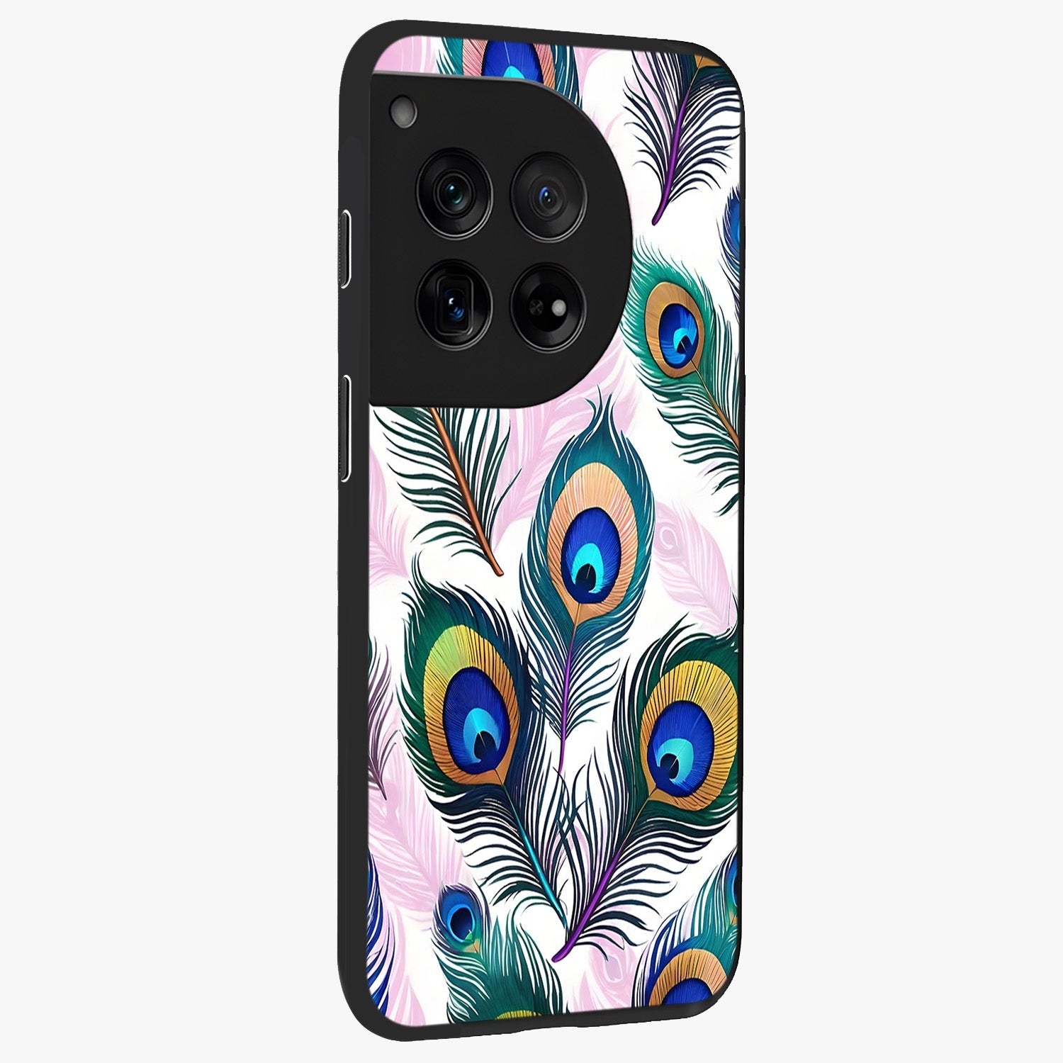 Royal Peacock Feathers Glass Case for 1+12 side perspective highlighting intricate plume textures and sleek premium build