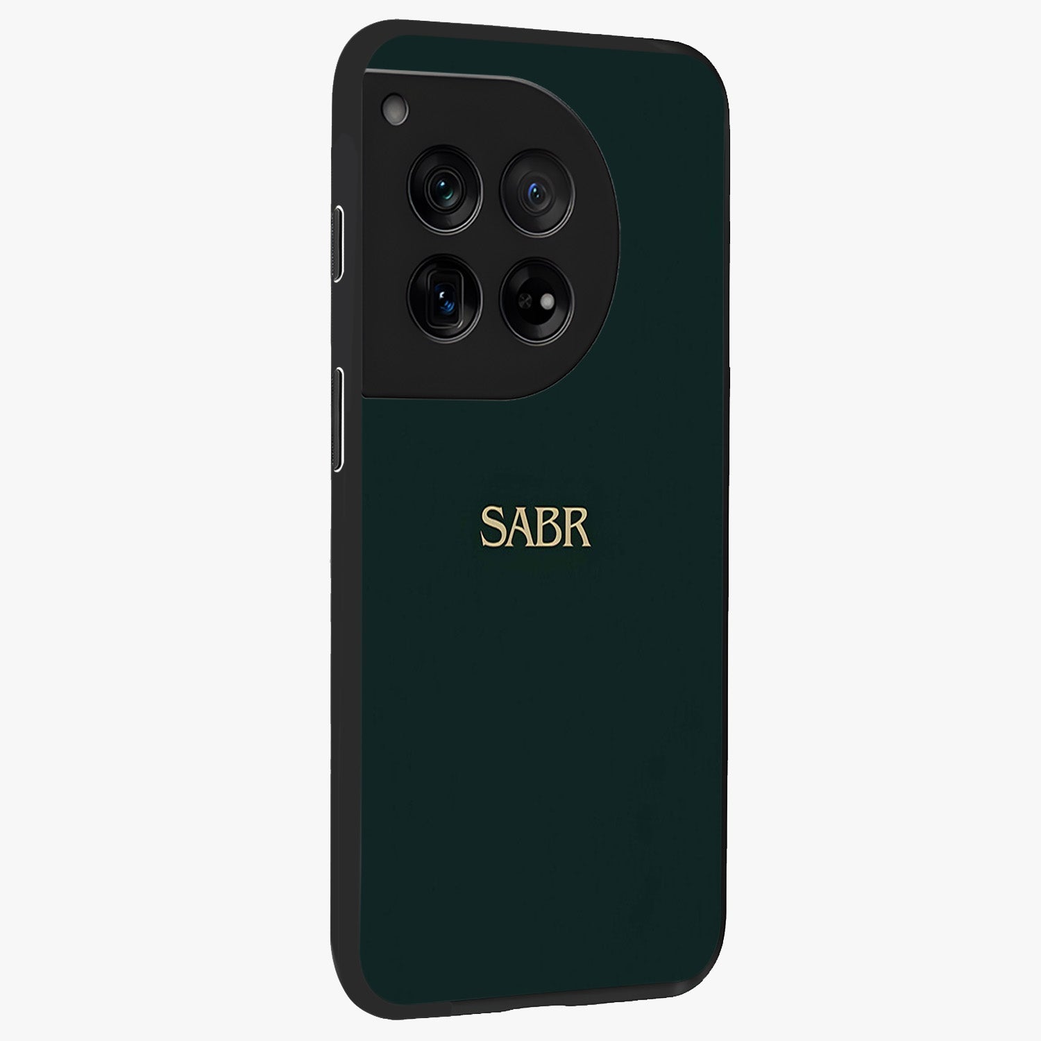 Sabr Minimal Patience Glass Case for 1+12 side perspective highlighting elegant text detailing and sleek build