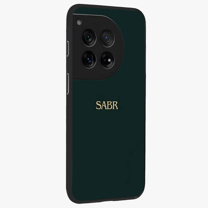 Sabr Minimal Patience Glass Case for 1+12 side perspective highlighting elegant text detailing and sleek build