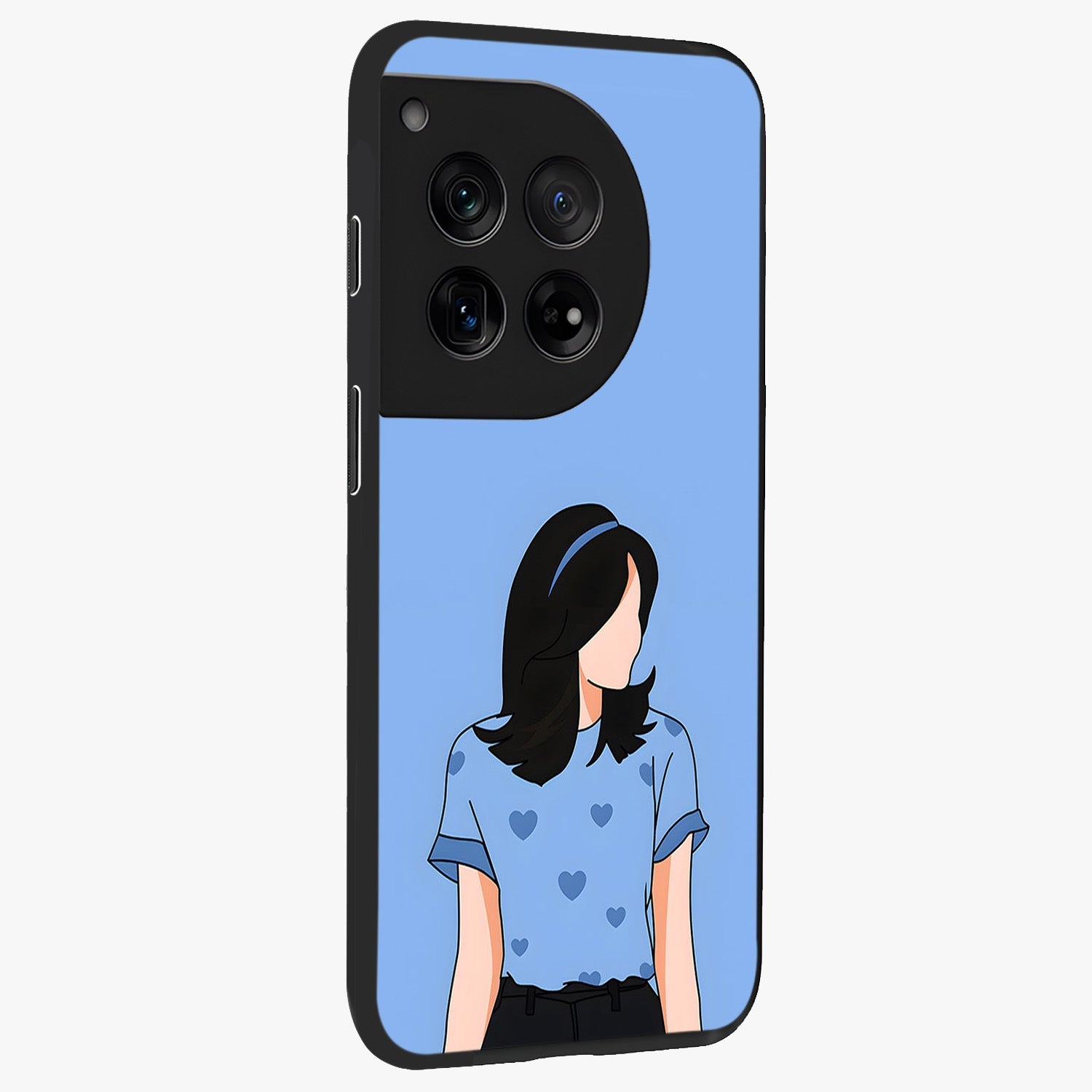 Soft Hearts Girl Glass Case for 1+12 side perspective highlighting delicate illustration textures and smooth build