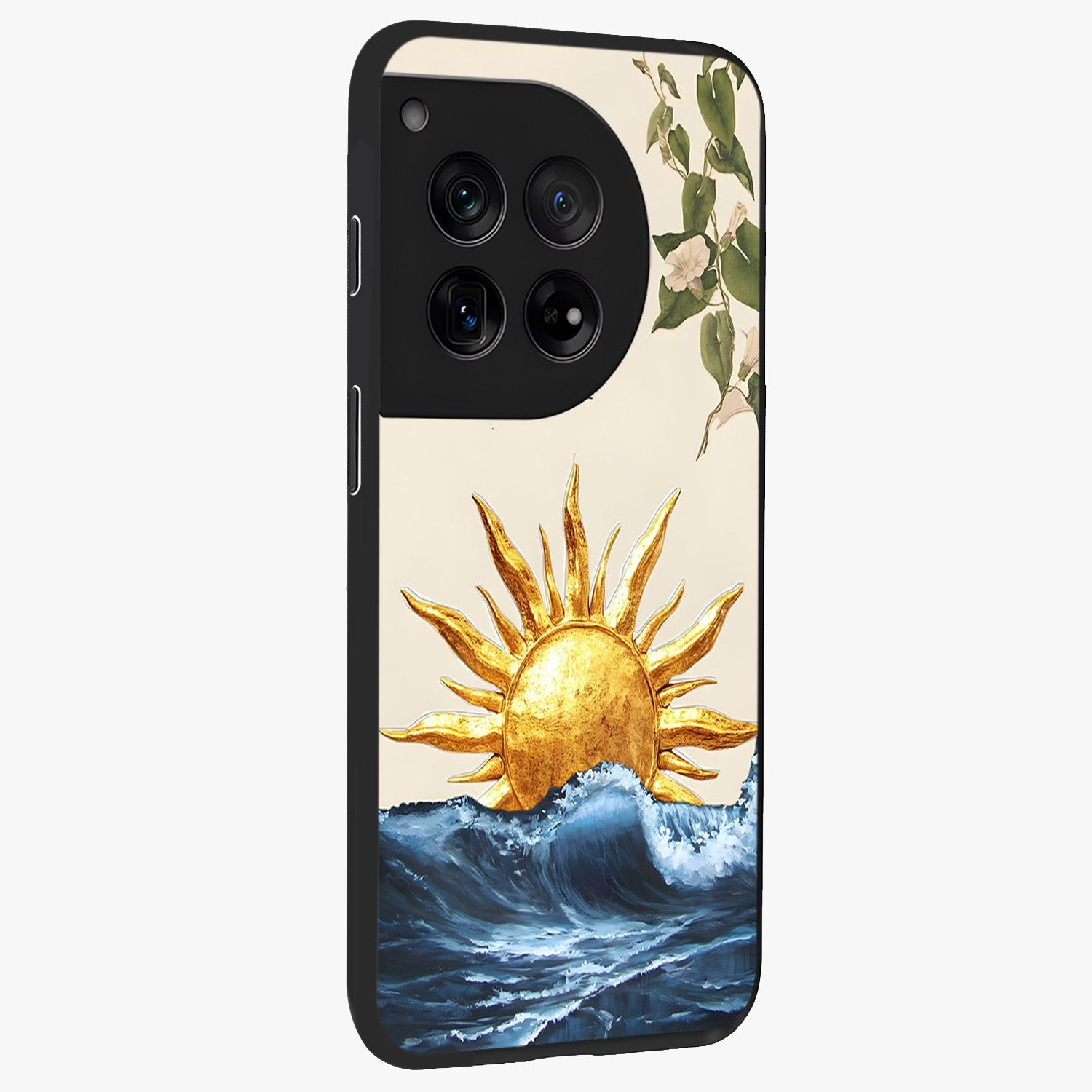 Solar Wave Bloom Glass Case for 1+12 side perspective highlighting radiant textures and premium edges