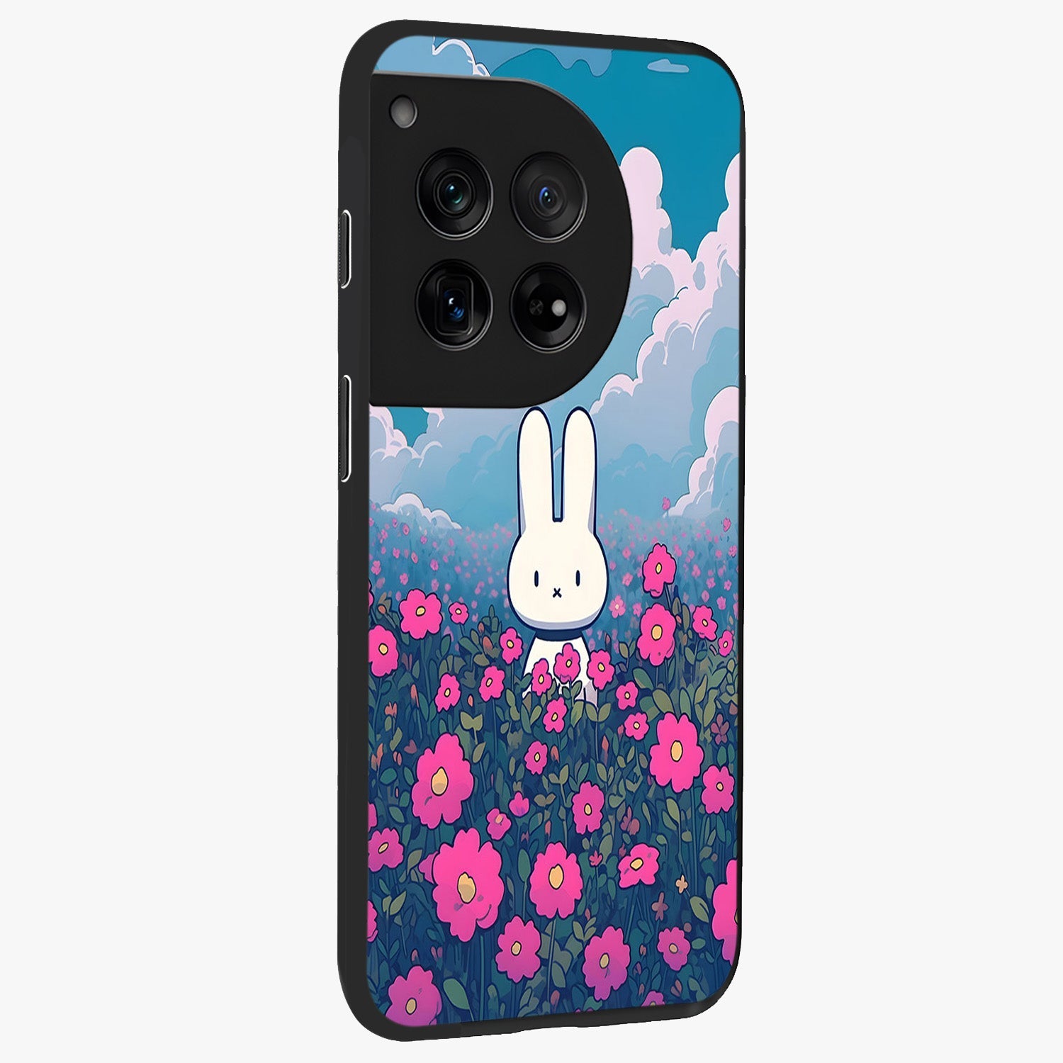 Springtime Blossom Bunny Glass Case for 1+12 side perspective highlighting charming illustration textures and premium edges
