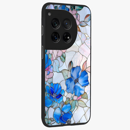 Stained Blue Floral Glass Case for 1+12 side perspective highlighting intricate bloom textures and premium edges