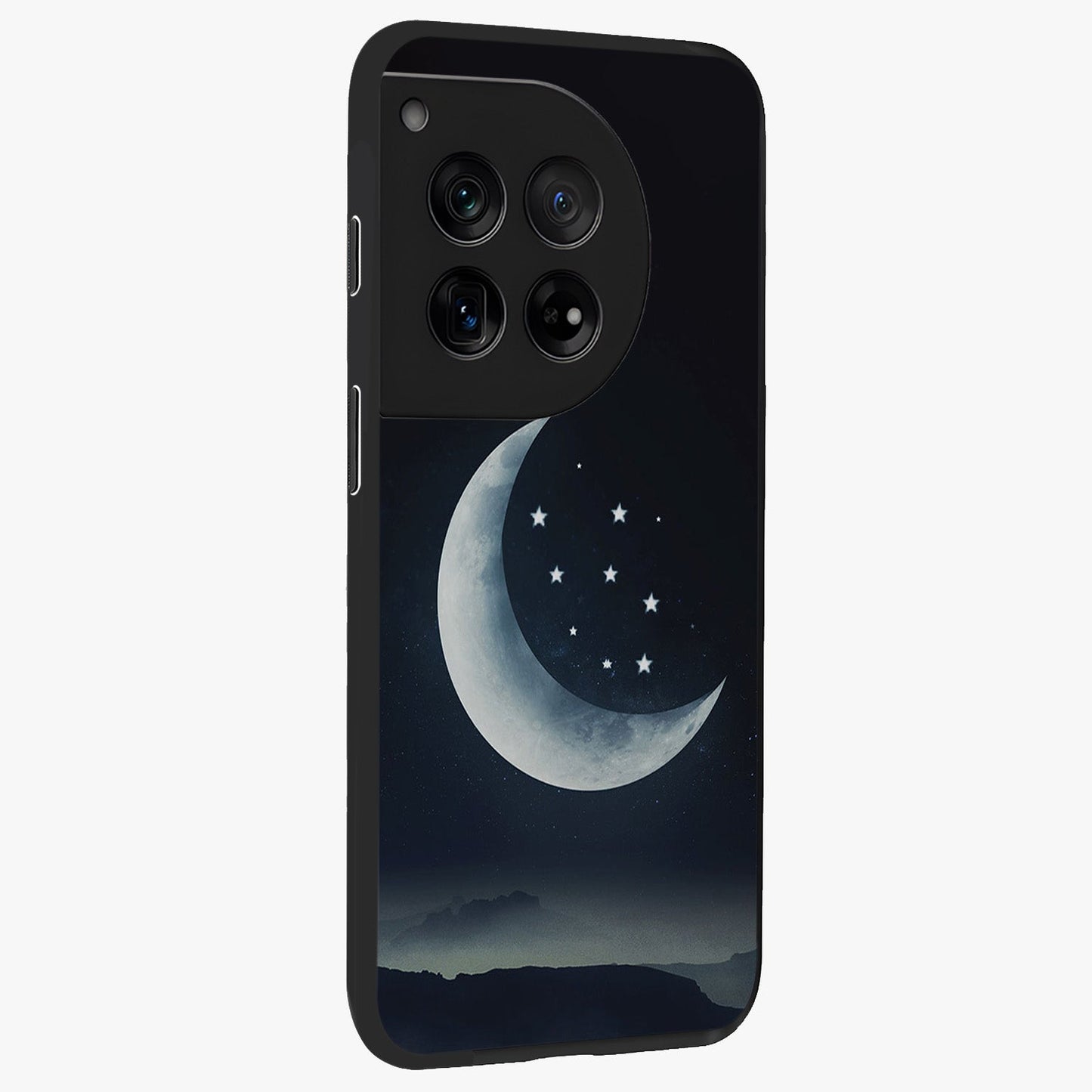 Starry Moon Pattern Glass Case for 1+12 side perspective highlighting celestial textures and premium edges