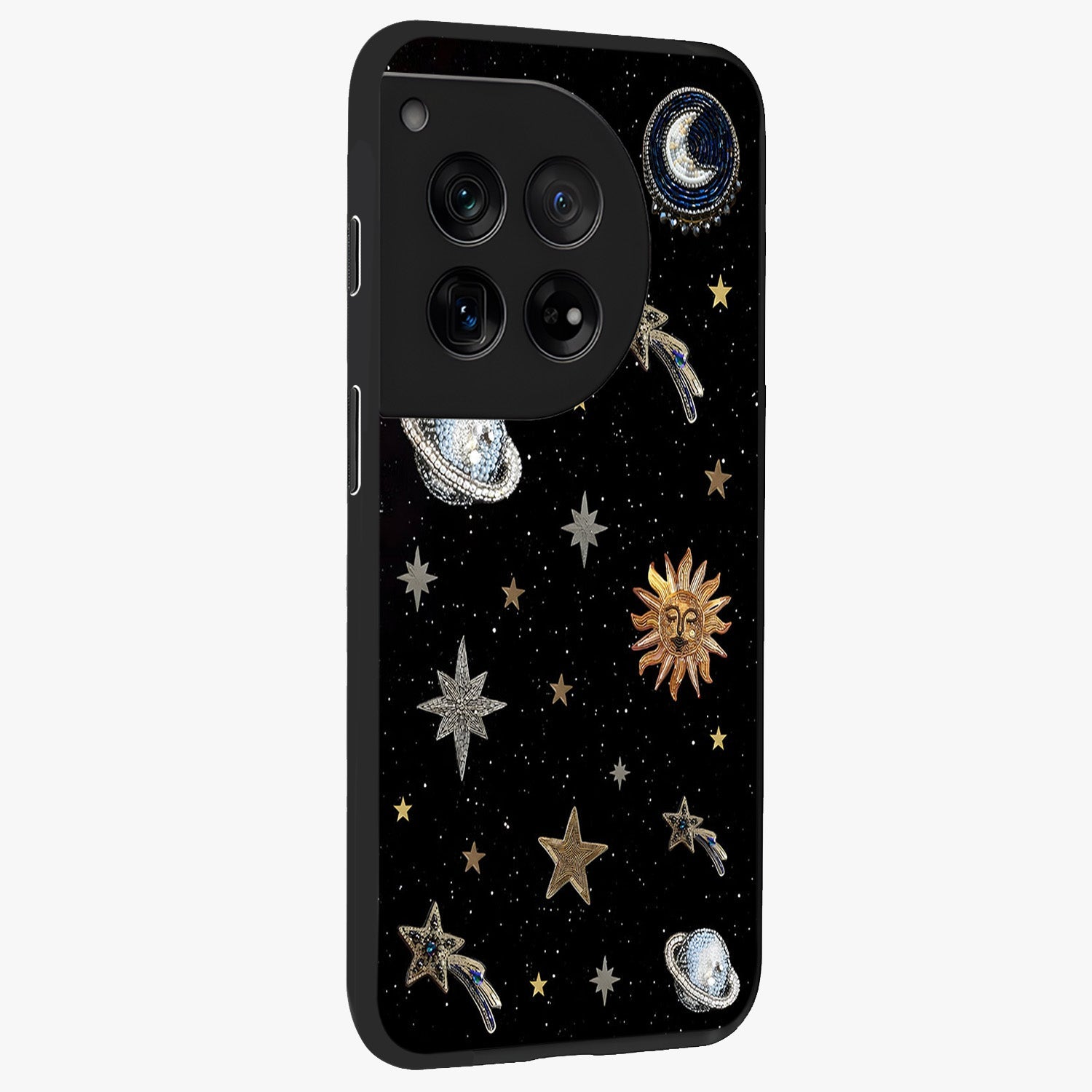 Stars and Planets Brooches Glass Case for 1+12 side perspective highlighting intricate planetary textures and sleek build