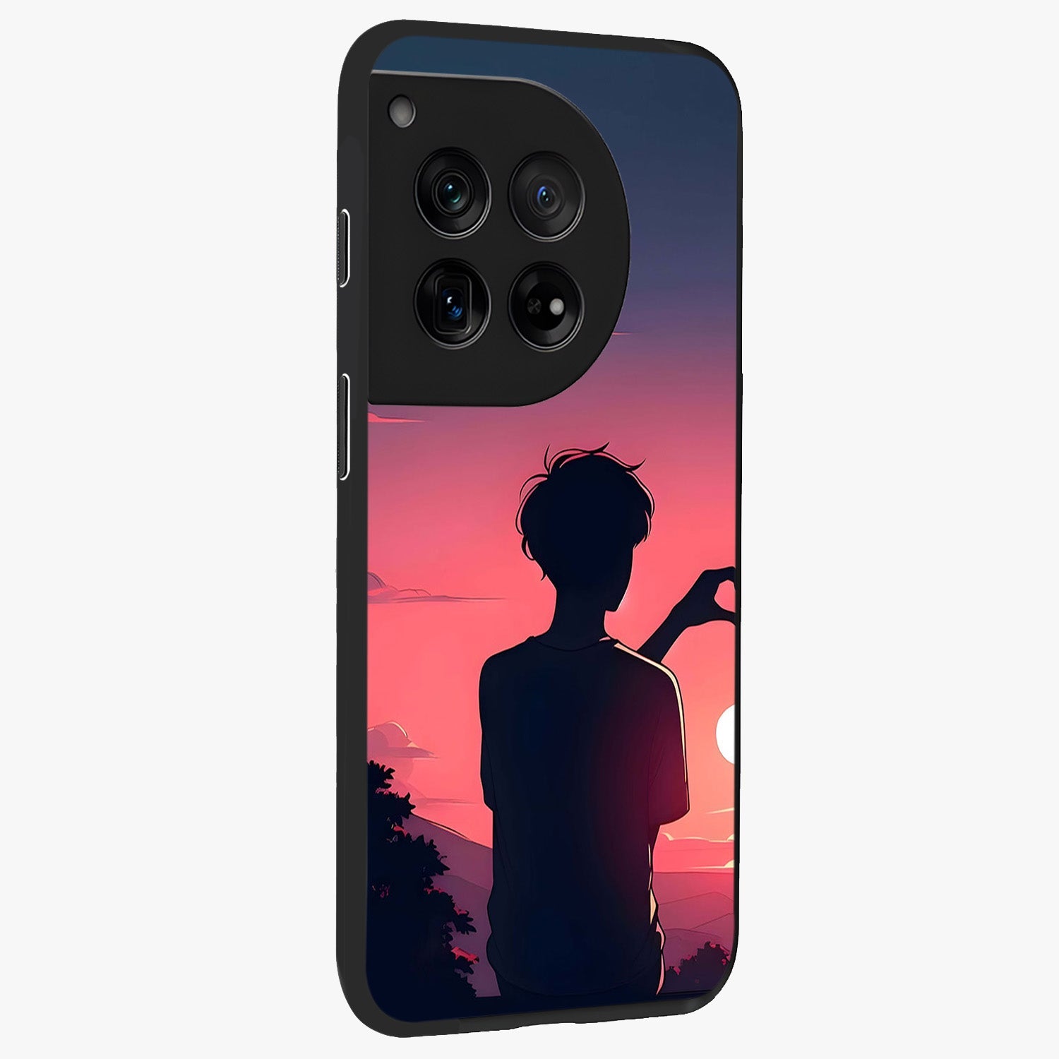 Sunset Silhouette Girl Glass Case for 1+12 side perspective highlighting soft scenic textures and sleek premium build