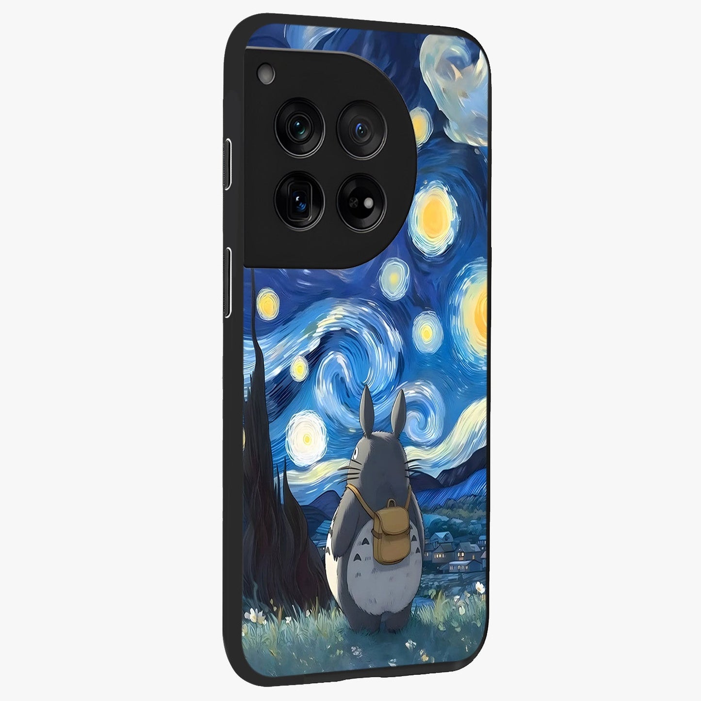 Totoro in Van Gogh Art Glass Case for 1+12 side perspective highlighting textured artistic patterns and premium edges