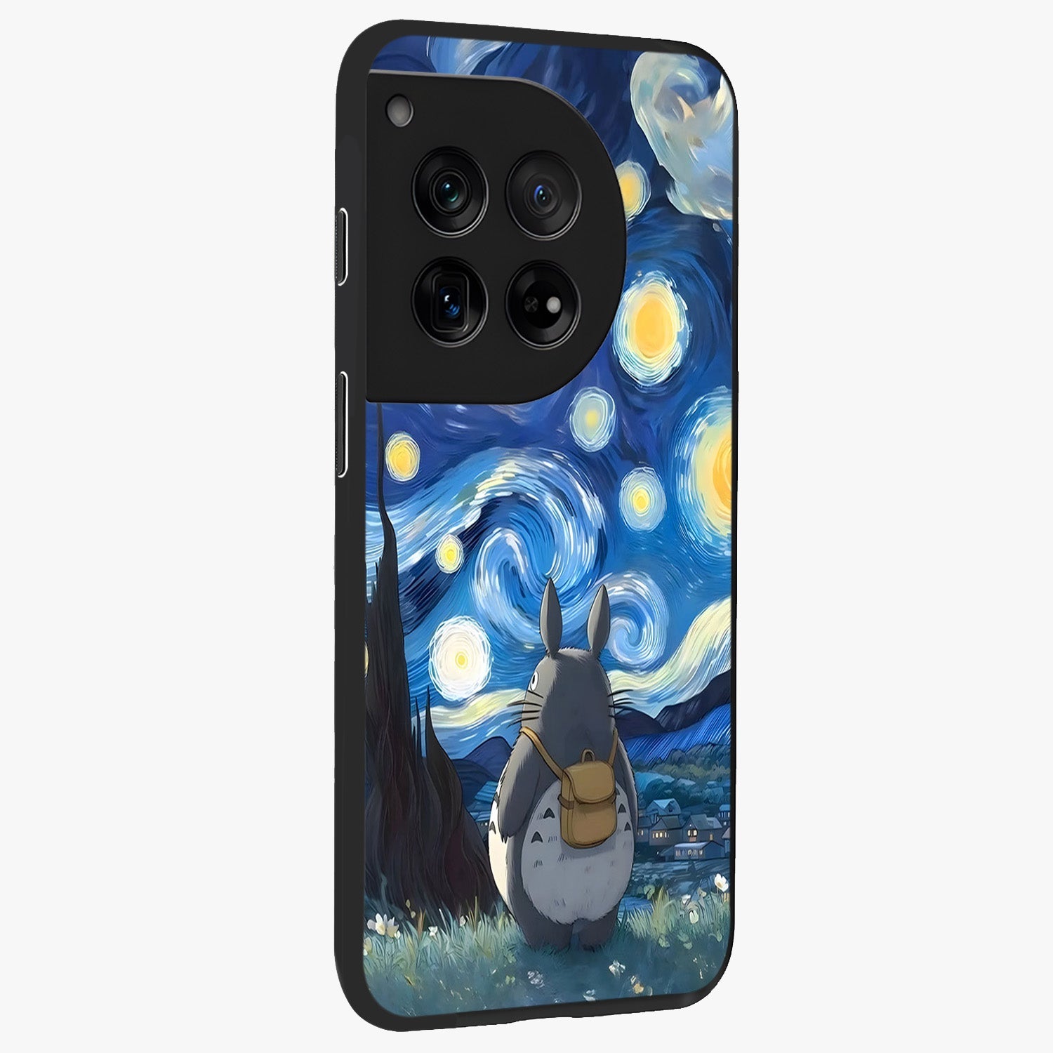 Totoro in Van Gogh Art Glass Case for 1+12 side perspective highlighting textured artistic patterns and premium edges