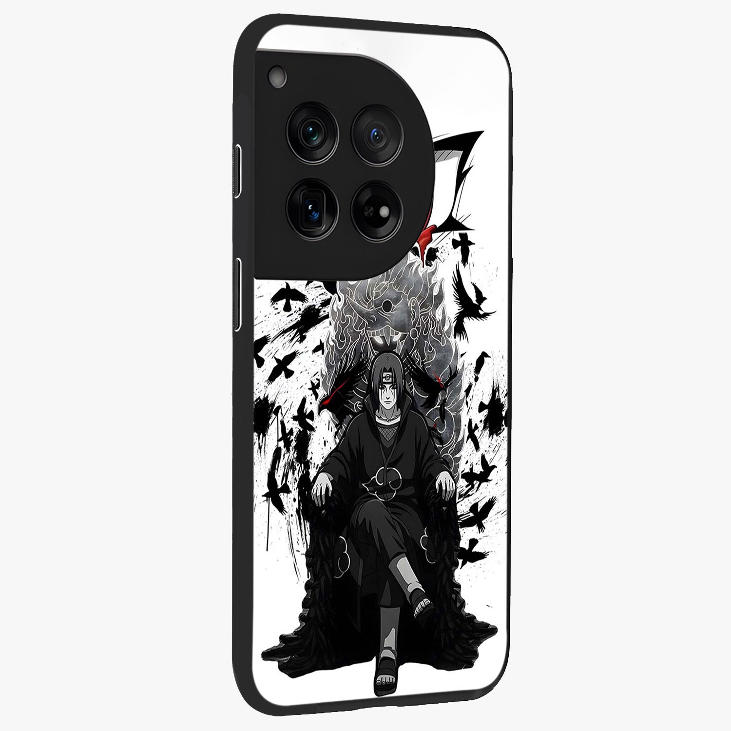 Uchiha Shadow Throne Glass Case for 1+12 side perspective highlighting bold character textures and premium edges