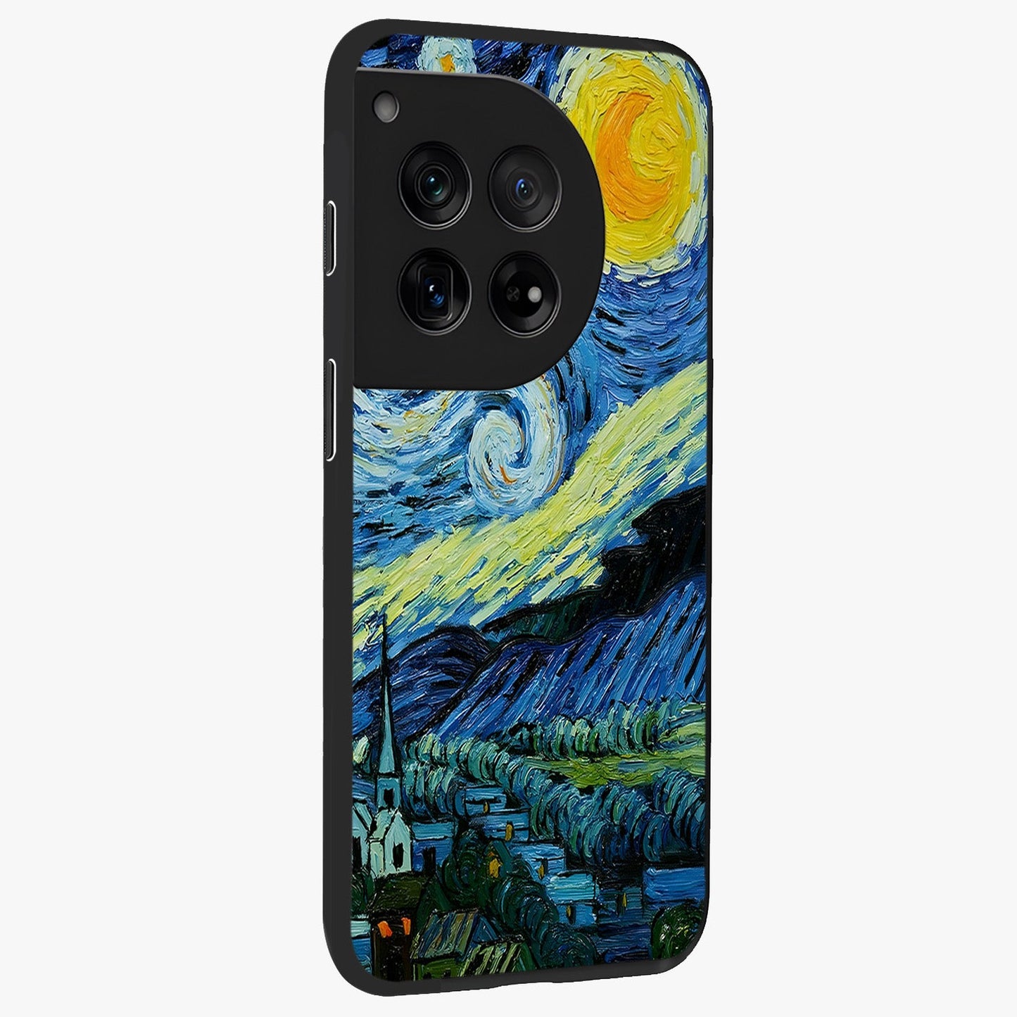 Van Gogh Art Glass Case for 1+12 side perspective highlighting vibrant artistic detailing and smooth premium build