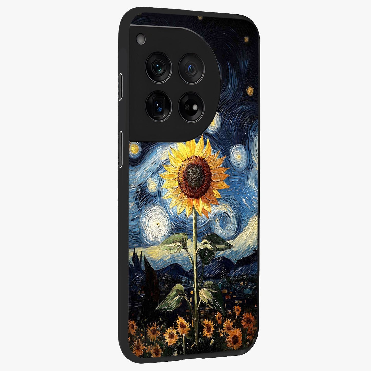 Van Gogh Sunflower Glass Case for 1+12 side perspective highlighting textured brushstroke details and premium edges