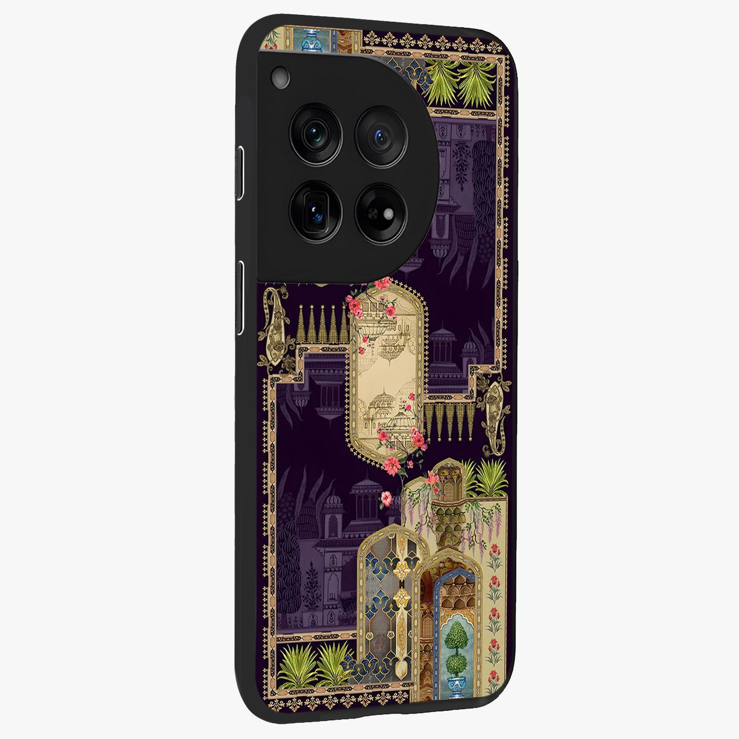 Velvet Mughal Art Glass Case for 1+12 side perspective highlighting ornate detailing and smooth premium build