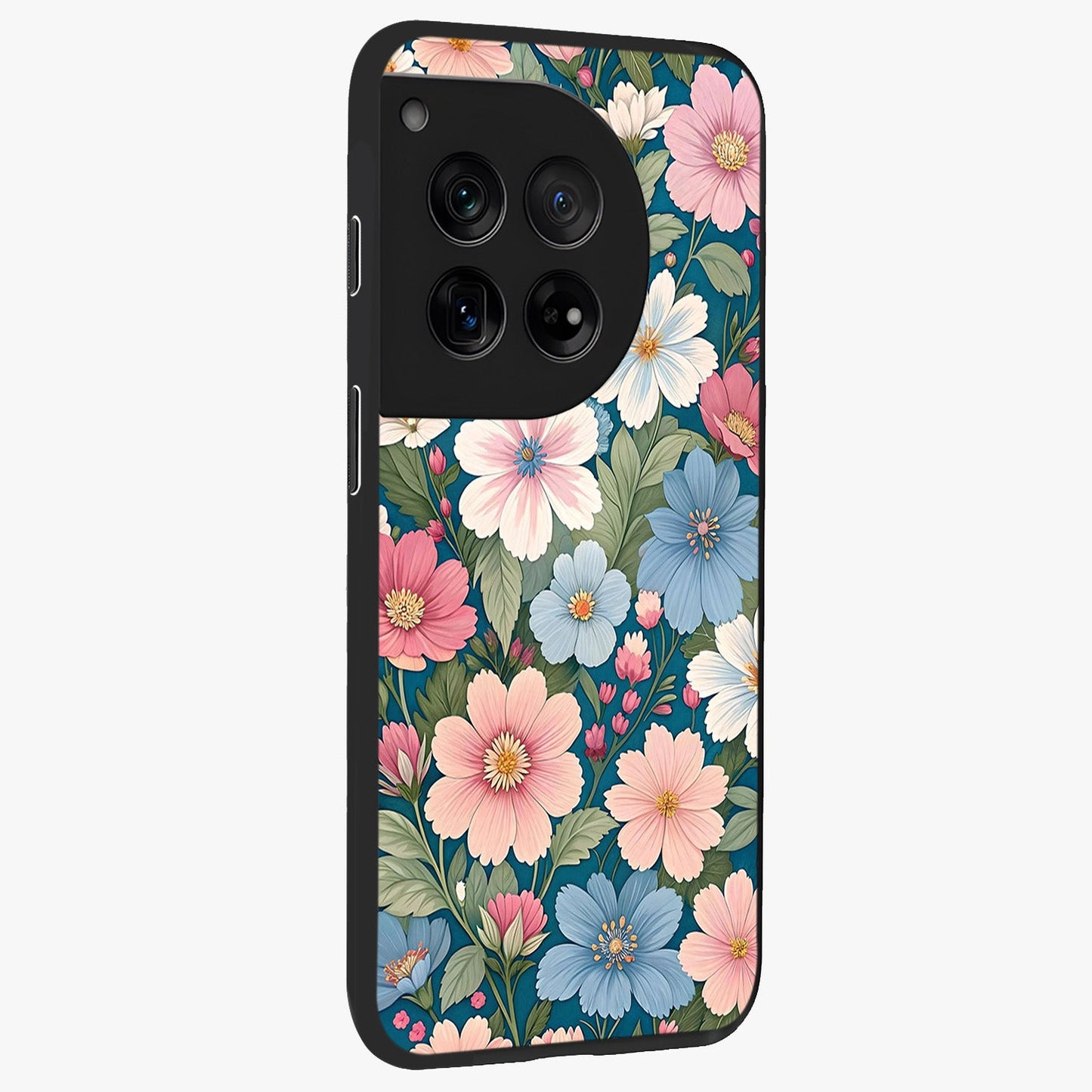 Vintage Floral Charm Glass Case for 1+12 side perspective highlighting refined floral textures and premium edges