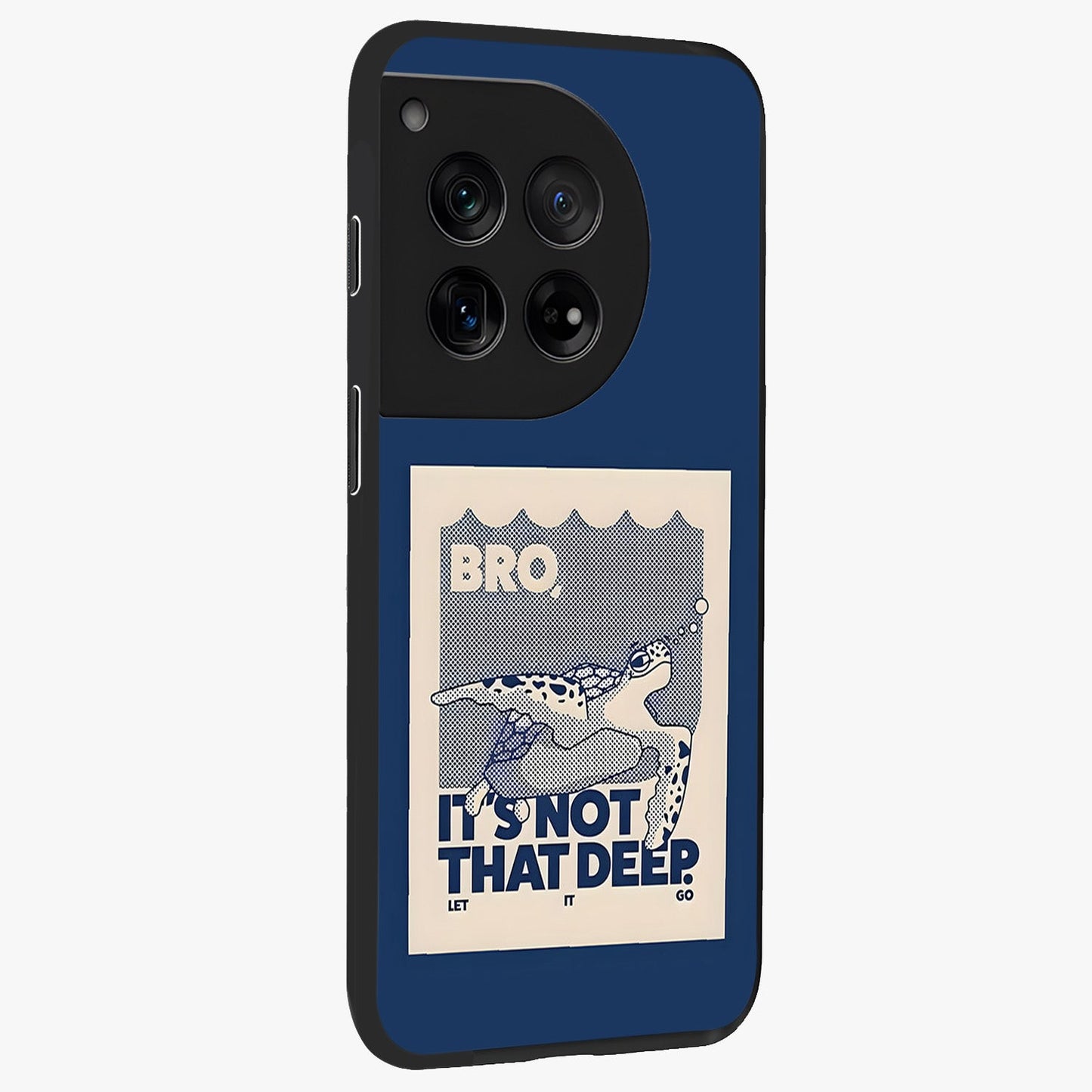 Worry Less Swim Glass Case for 1+12 side perspective highlighting clean text detailing and sleek premium build