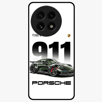 911 Turbo Dominance Glass Case for 1+13R bold front view featuring large 911 graphic and detailed green Porsche sports car artwork