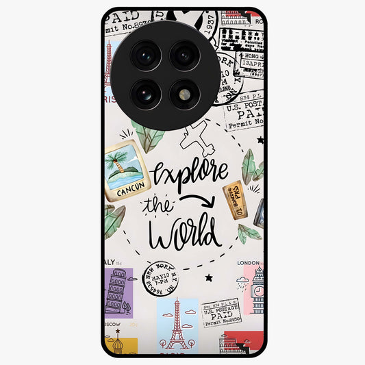 Adventure Awaits Art Glass Case for 1+13R front view featuring bold travel inspired typography artwork