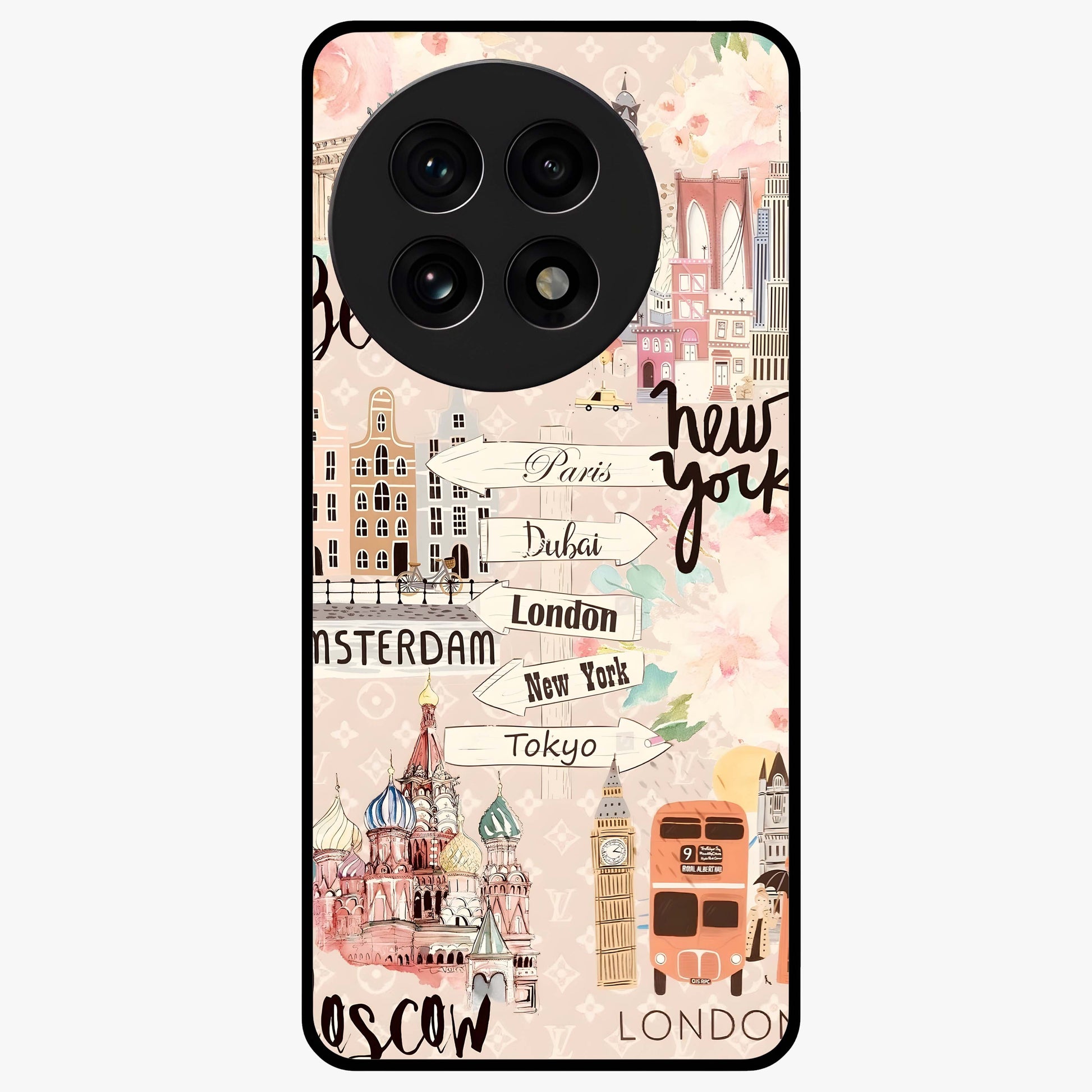 Aesthetic Travel Glass Case for 1+13R front view featuring wanderlust inspired travel artwork