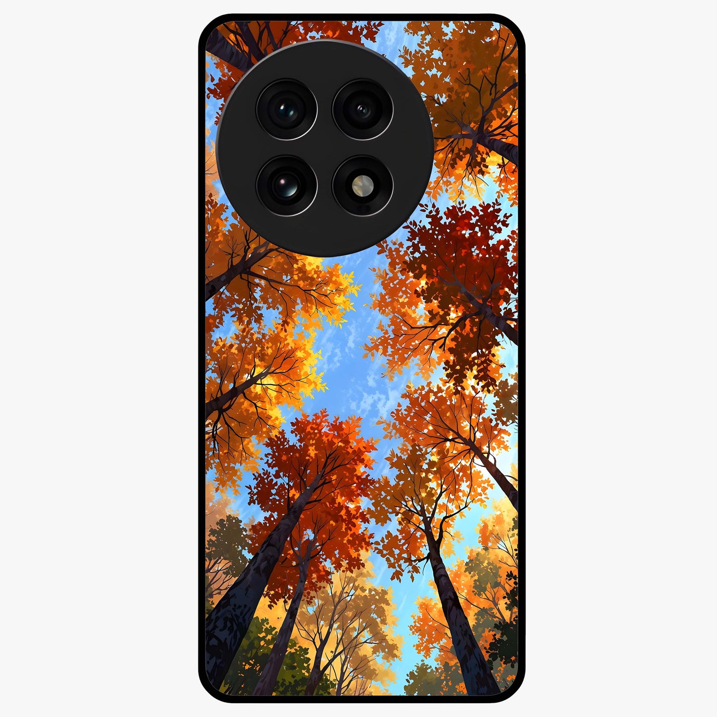 Amber Canopy Glow Glass Case for 1+13R warm front view featuring glowing forest canopy artwork