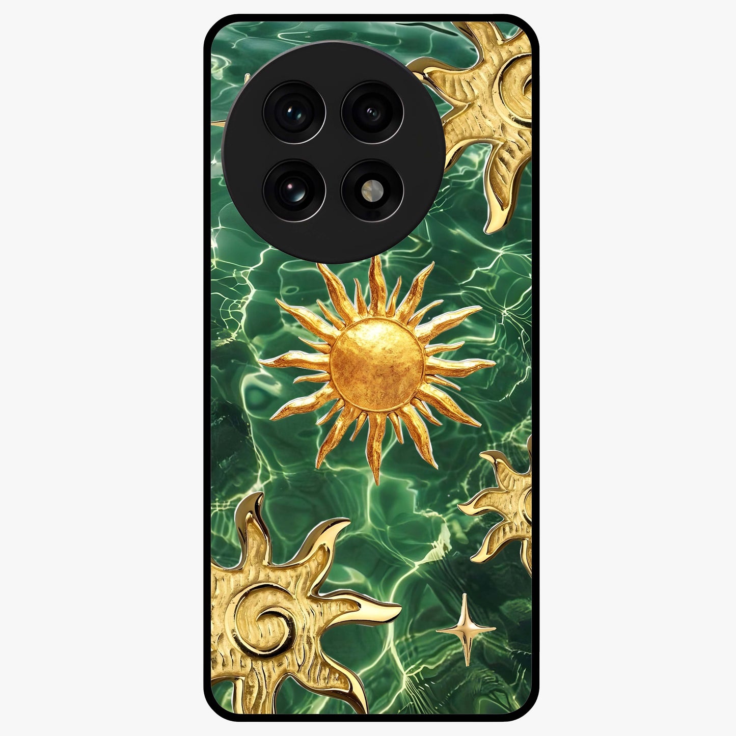 Aqua Sun Mirage Glass Case for 1+13R vibrant front view featuring aqua blue sun inspired artwork