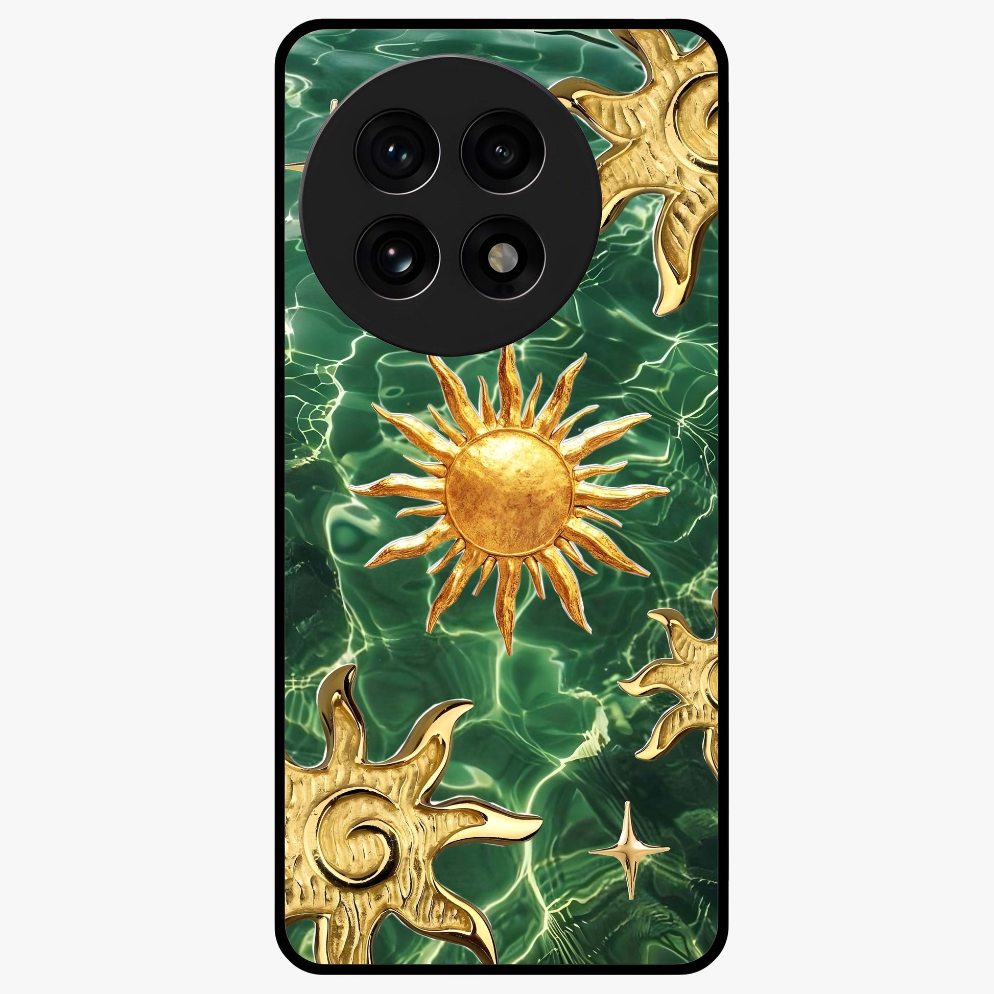Aqua Sun Mirage Glass Case for 1+13R vibrant front view featuring aqua blue sun inspired artwork