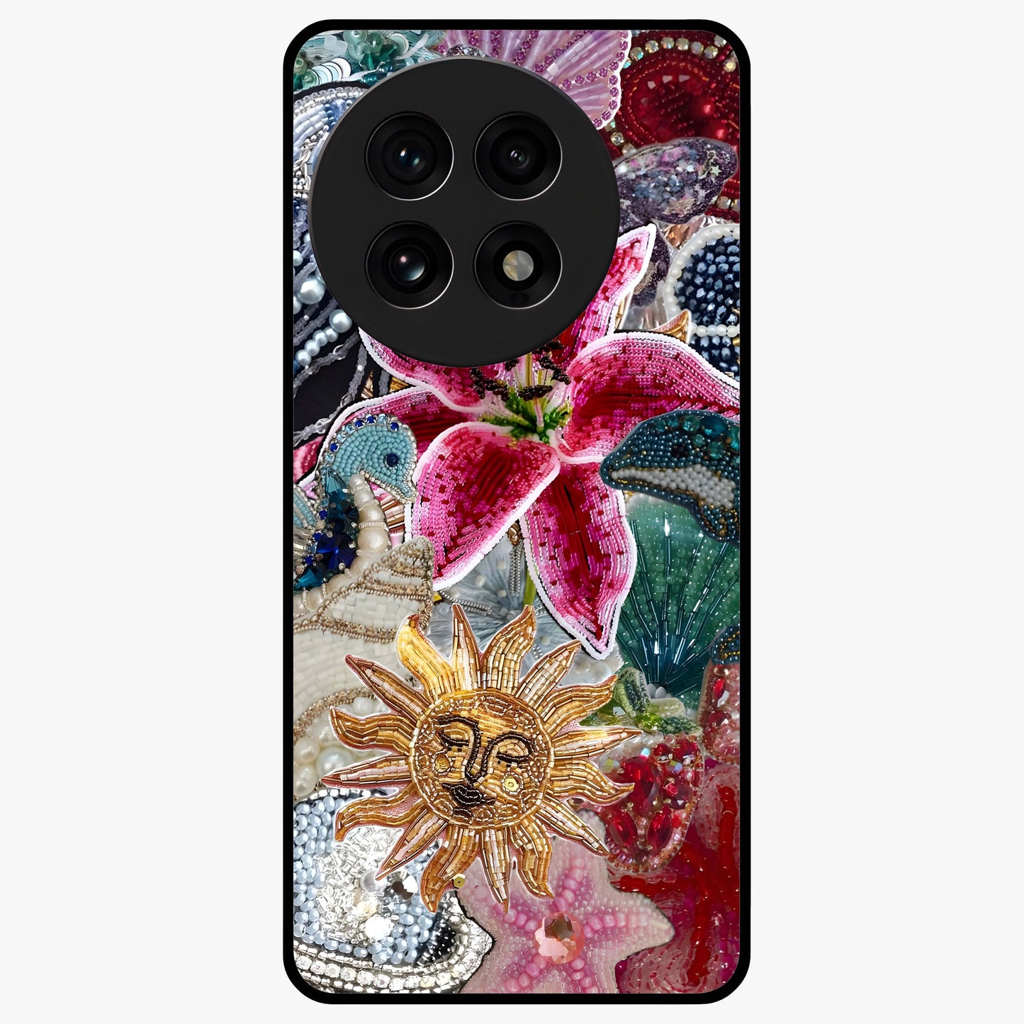Beaded Garden Fantasy Glass Case for 1+13R front view featuring colorful beaded floral garden artwork