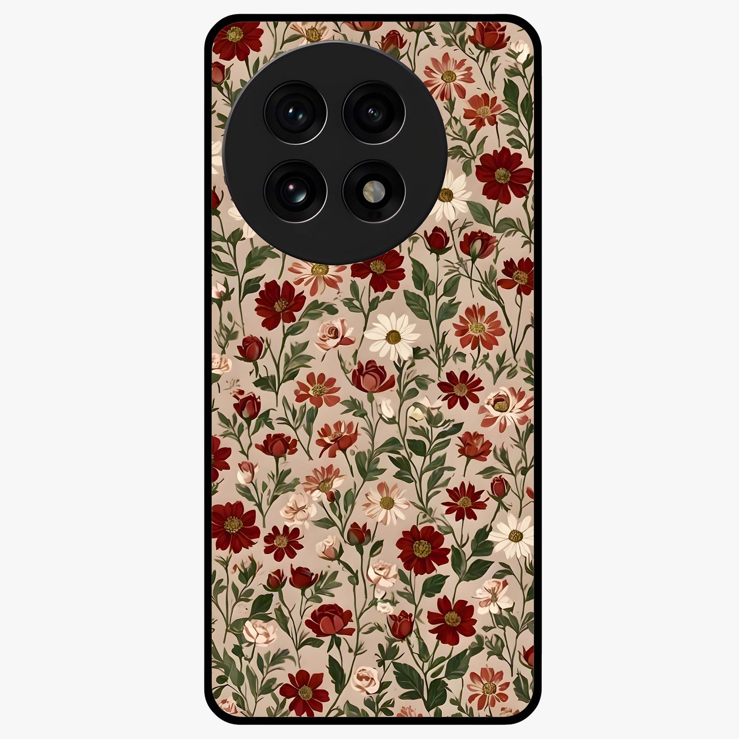 Biege Flower With Leaf Glass Case for 1+13R front view featuring soft beige floral artwork with leaf detailing