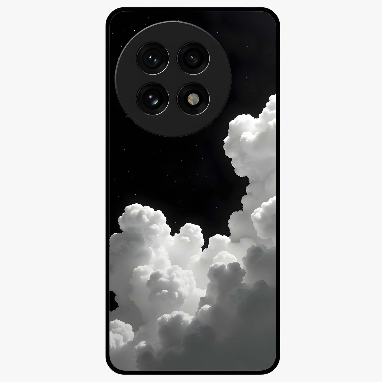 Black Background With White Cloud Glass Case for 1+13R striking front view featuring white cloud artwork on deep black backdrop