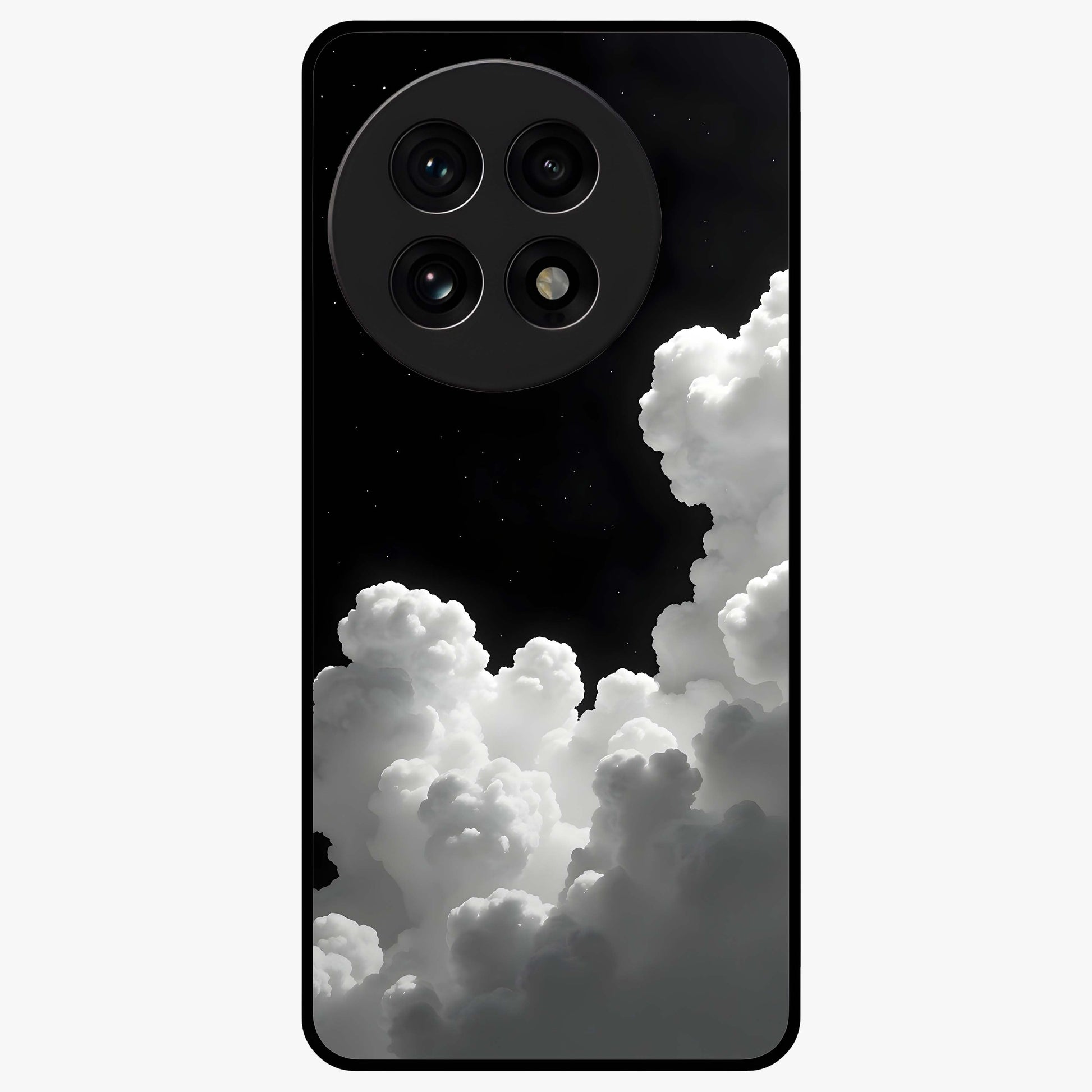 Black Background With White Cloud Glass Case for 1+13R striking front view featuring white cloud artwork on deep black backdrop