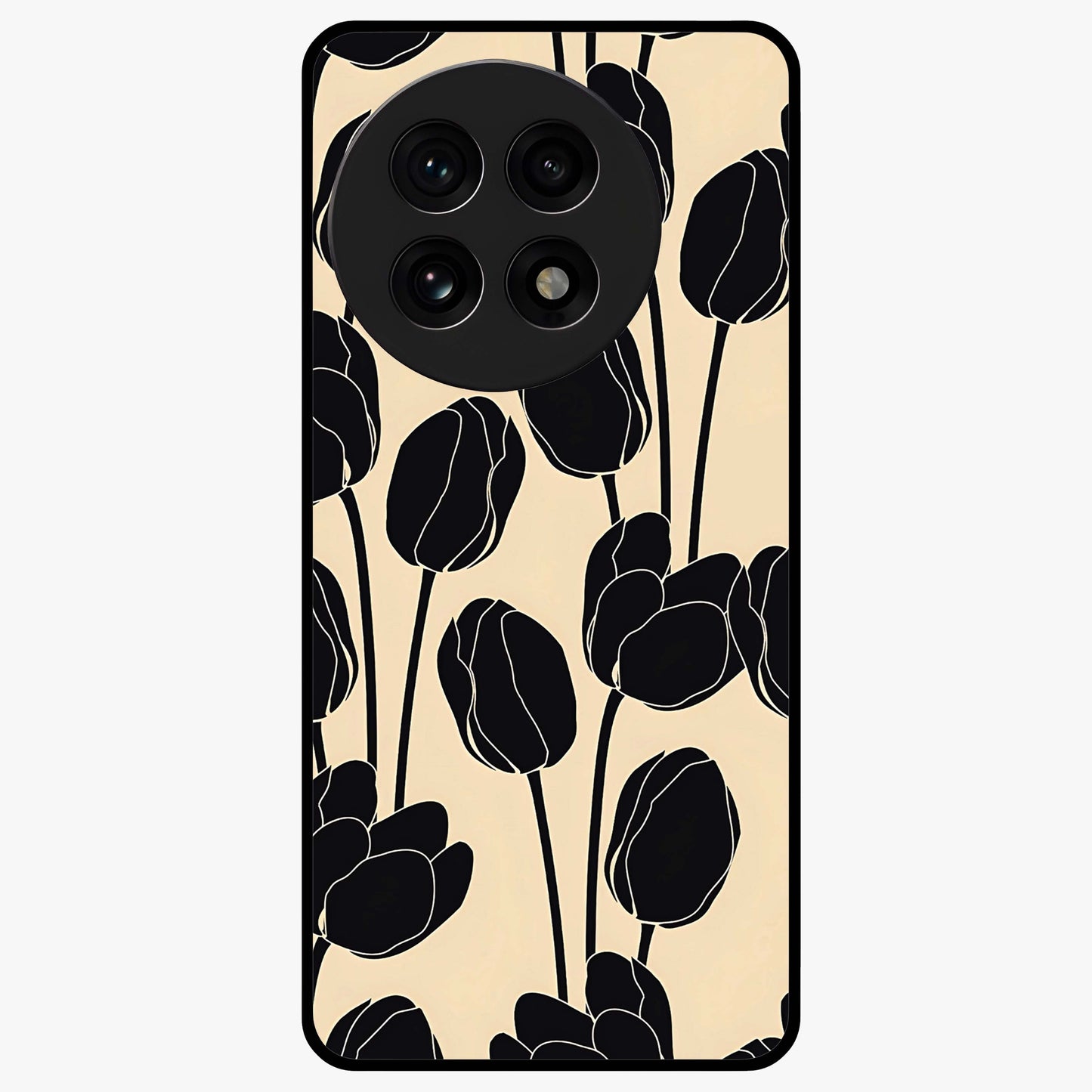 Black Designer Tulip Glass Case for 1+13R elegant front view featuring refined tulip artwork on black background