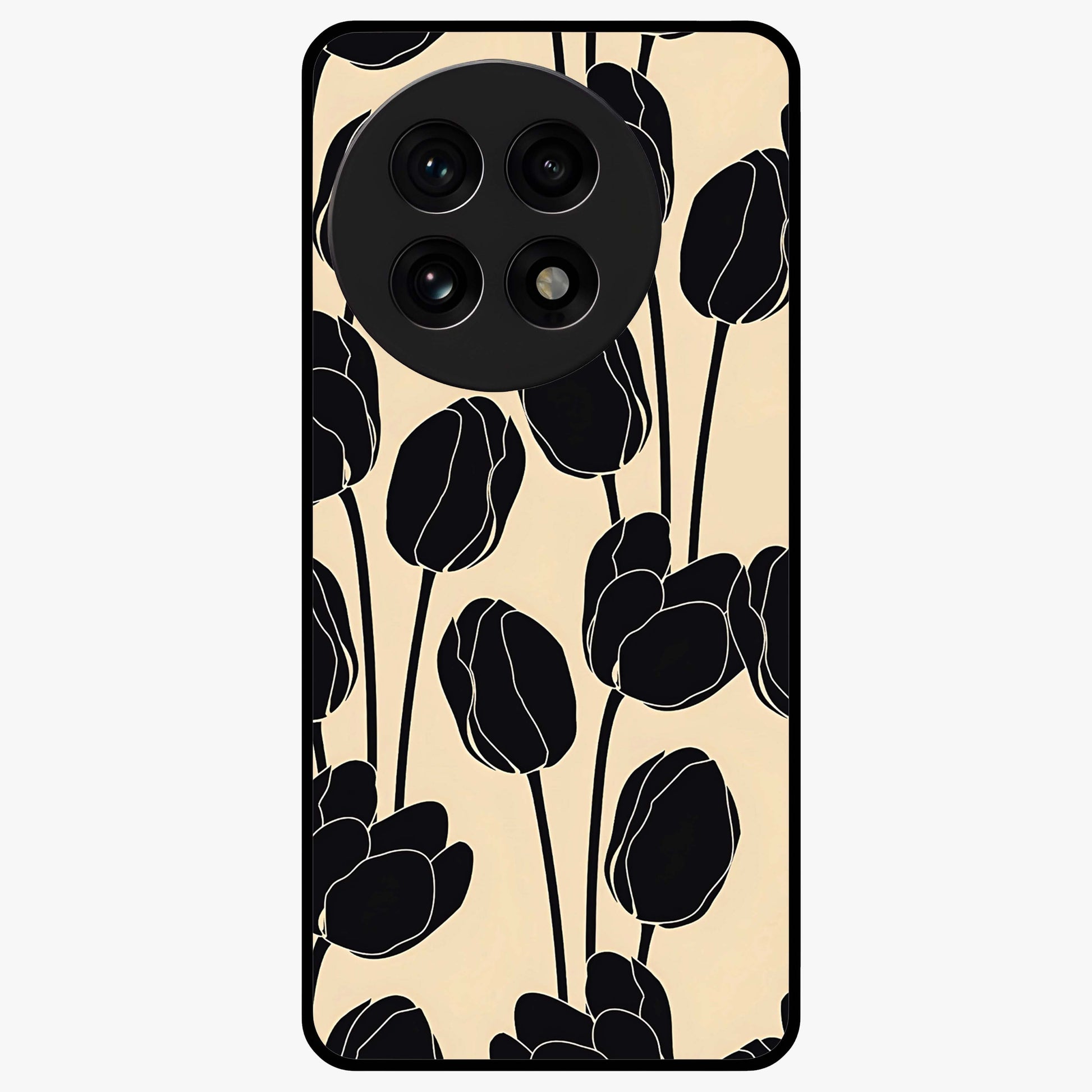 Black Designer Tulip Glass Case for 1+13R elegant front view featuring refined tulip artwork on black background
