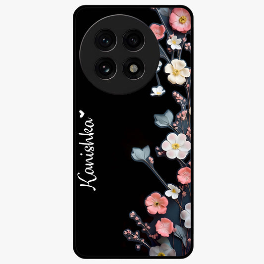 Black Elegance Floral Custom Name Glass Case for 1+13R luxurious front view featuring floral artwork with personalized name design