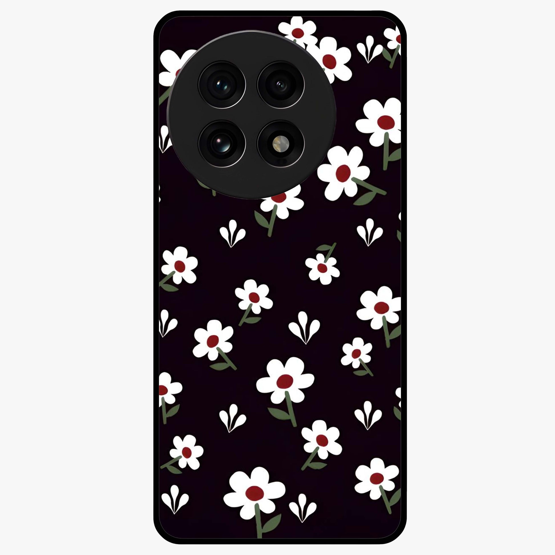 Black Prints Daisy Flower Pattern Glass Case for 1+13R front view featuring white daisy floral artwork on black base
