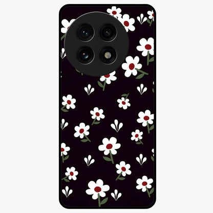 Black Prints Daisy Flower Pattern Glass Case for 1+13R front view featuring white daisy floral artwork on black base