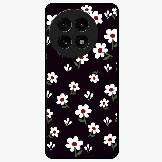 Black Prints Daisy Flower Pattern Glass Case for 1+13R front view featuring white daisy floral artwork on black base