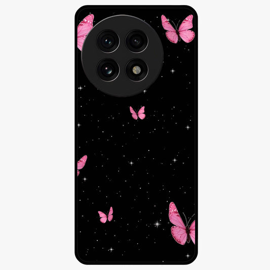 Blinking Butterfly Glass Case for 1+13R showing full back design in clean flat view with delicate butterfly artwork and glossy glass finish.