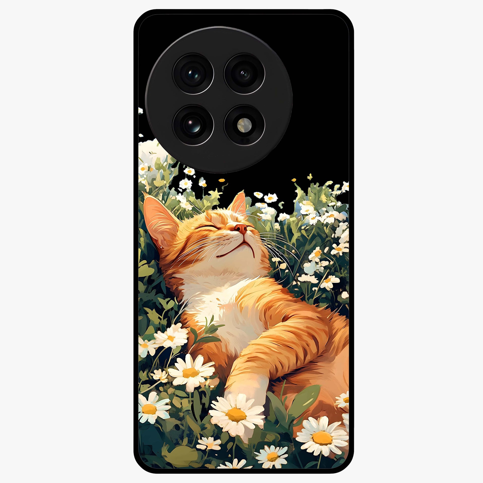 Blissful Bloom Cat Glass Case for 1+13R charming front view featuring floral cat artwork with soft aesthetic tones