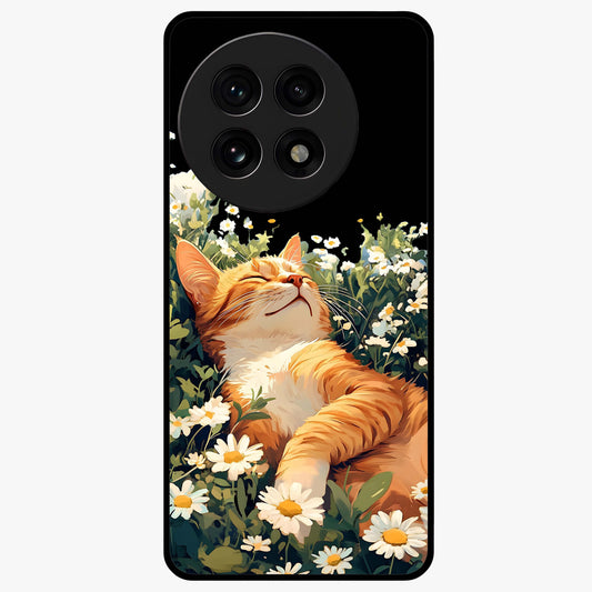 Blissful Bloom Cat Glass Case for 1+13R charming front view featuring floral cat artwork with soft aesthetic tones