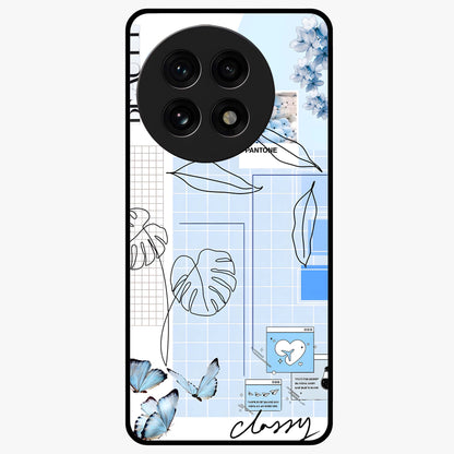 Blue Aesthetic Flower Glass Case for 1+13R elegant front view featuring soft blue floral artwork