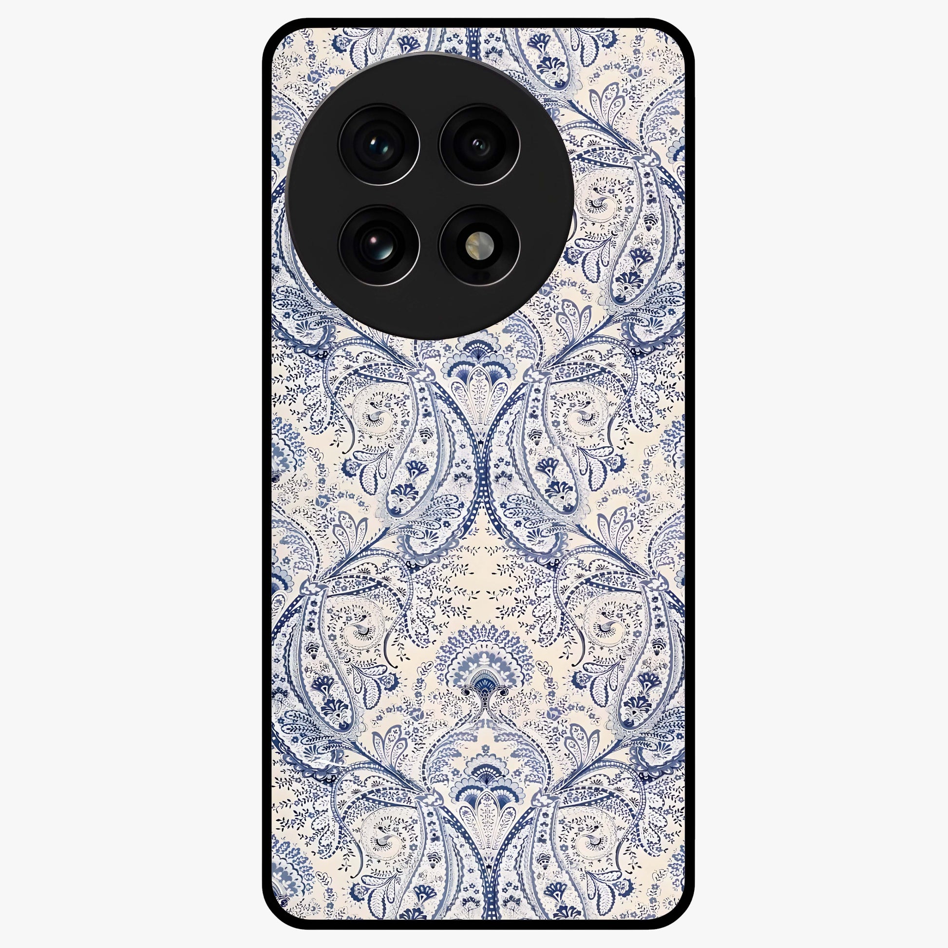 Blue Paisley Bloom Glass Case for 1+13R intricate front view featuring paisley floral artwork in rich blue tones