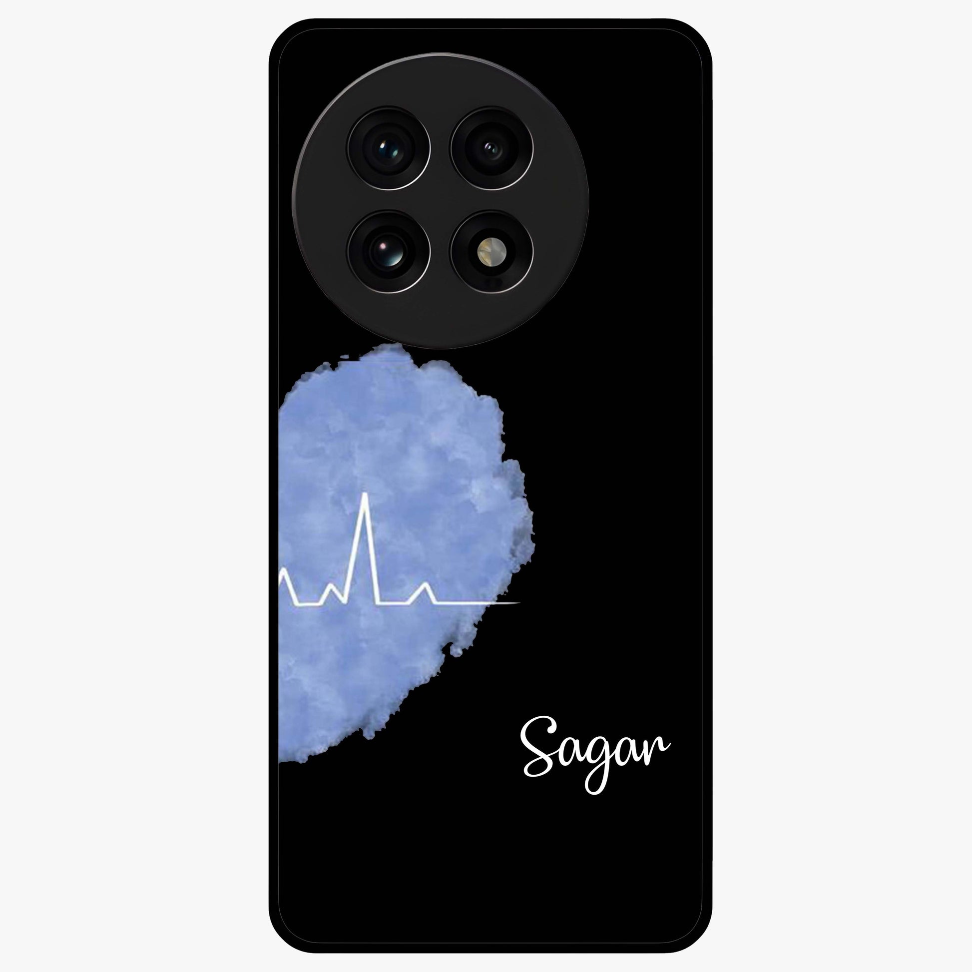 Blue Pulse Bond Glass Case for 1+13R bold front view featuring dynamic blue abstract pulse artwork