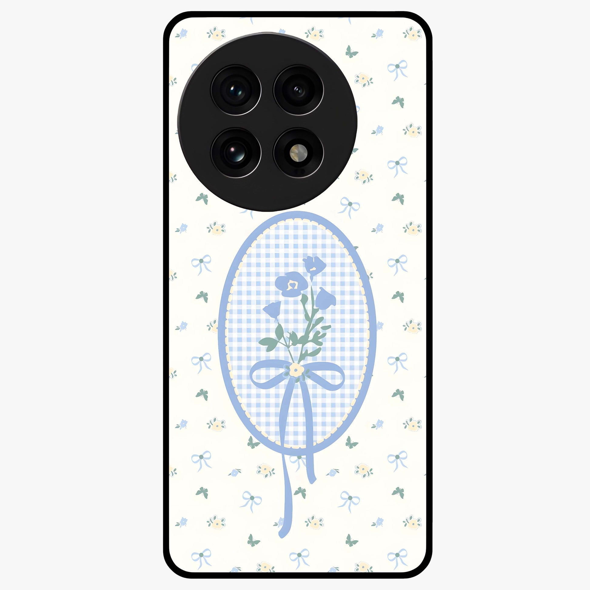 Blue Ribbon Bloom Glass Case for 1+13R elegant front view featuring soft floral artwork with ribbon accents
