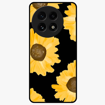 Bold Sunflowers Glow Glass Case for 1+13R vibrant front view featuring radiant sunflower artwork with warm golden tones