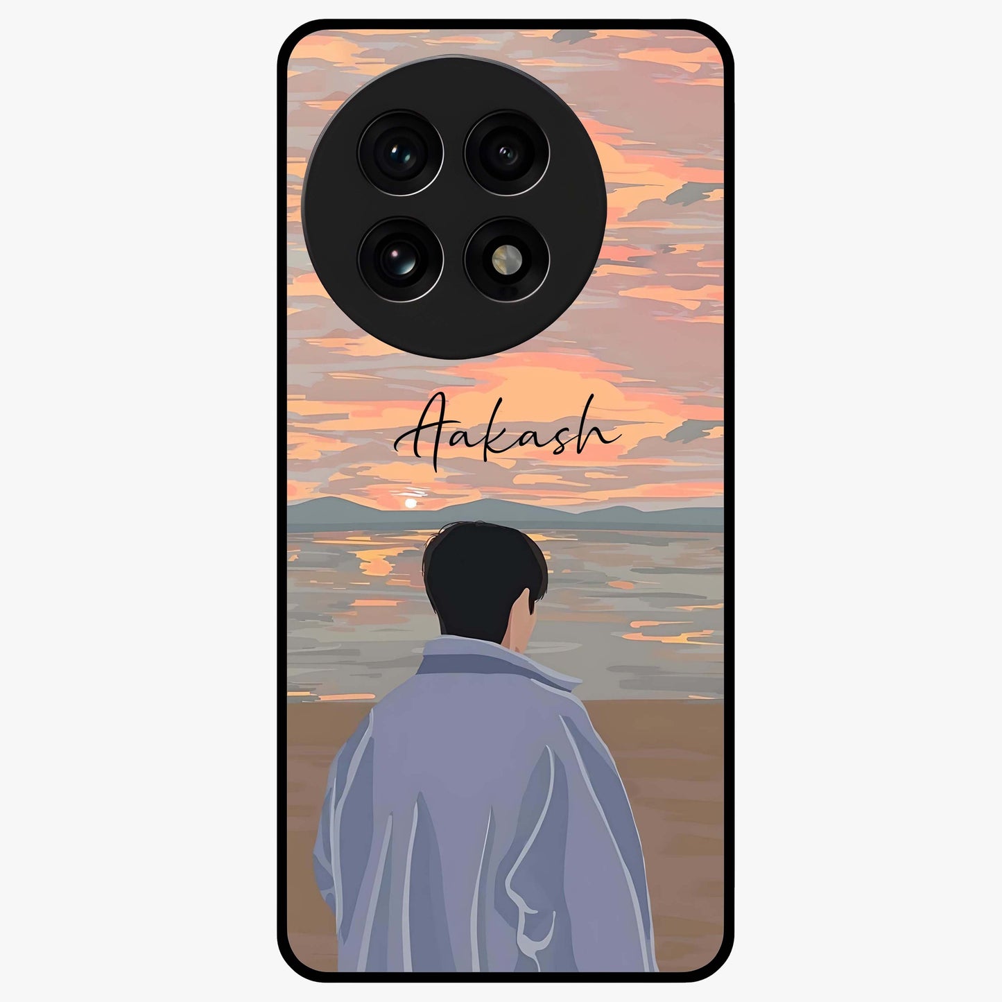 Boy Facing Sunset Beach Glass Case for 1+13R scenic front view featuring silhouette artwork against glowing sunset sky