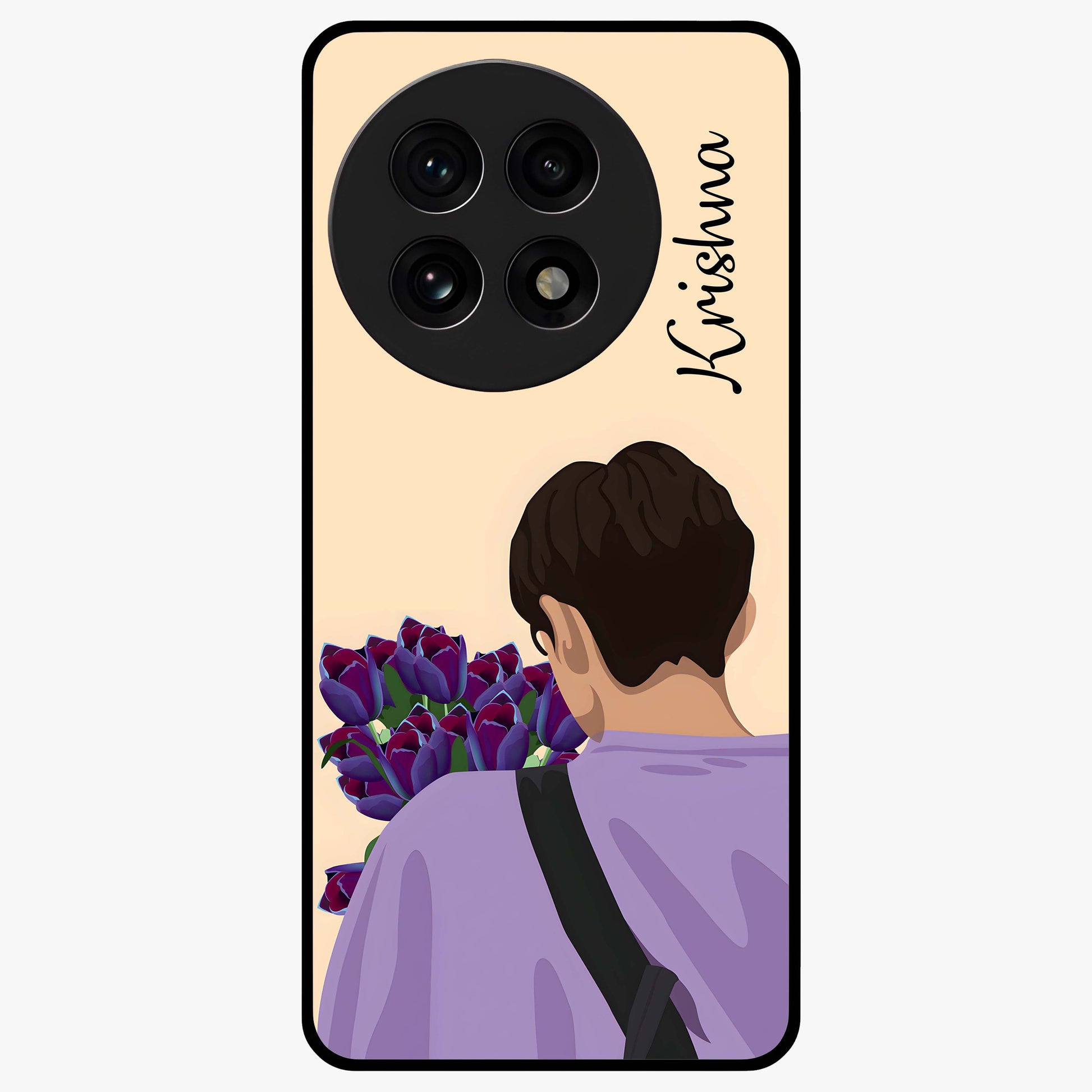 Boy Holding Flowers Glass Case for 1+13R aesthetic front view featuring soft illustrated character holding floral bouquet