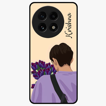 Boy Holding Flowers Glass Case for 1+13R aesthetic front view featuring soft illustrated character holding floral bouquet