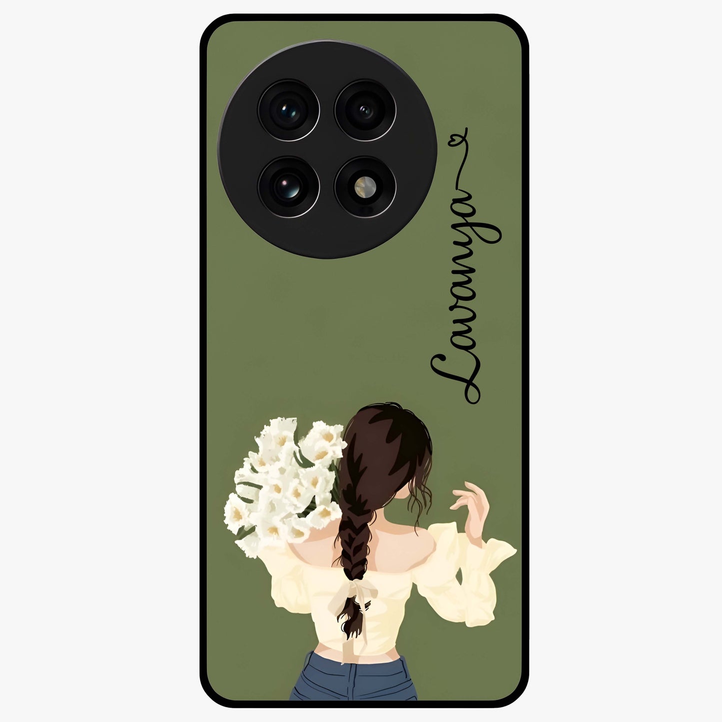 Braided Spring Beauty With Custom Name Glass Case for 1+13R elegant front view featuring braided floral artwork with personalized name design